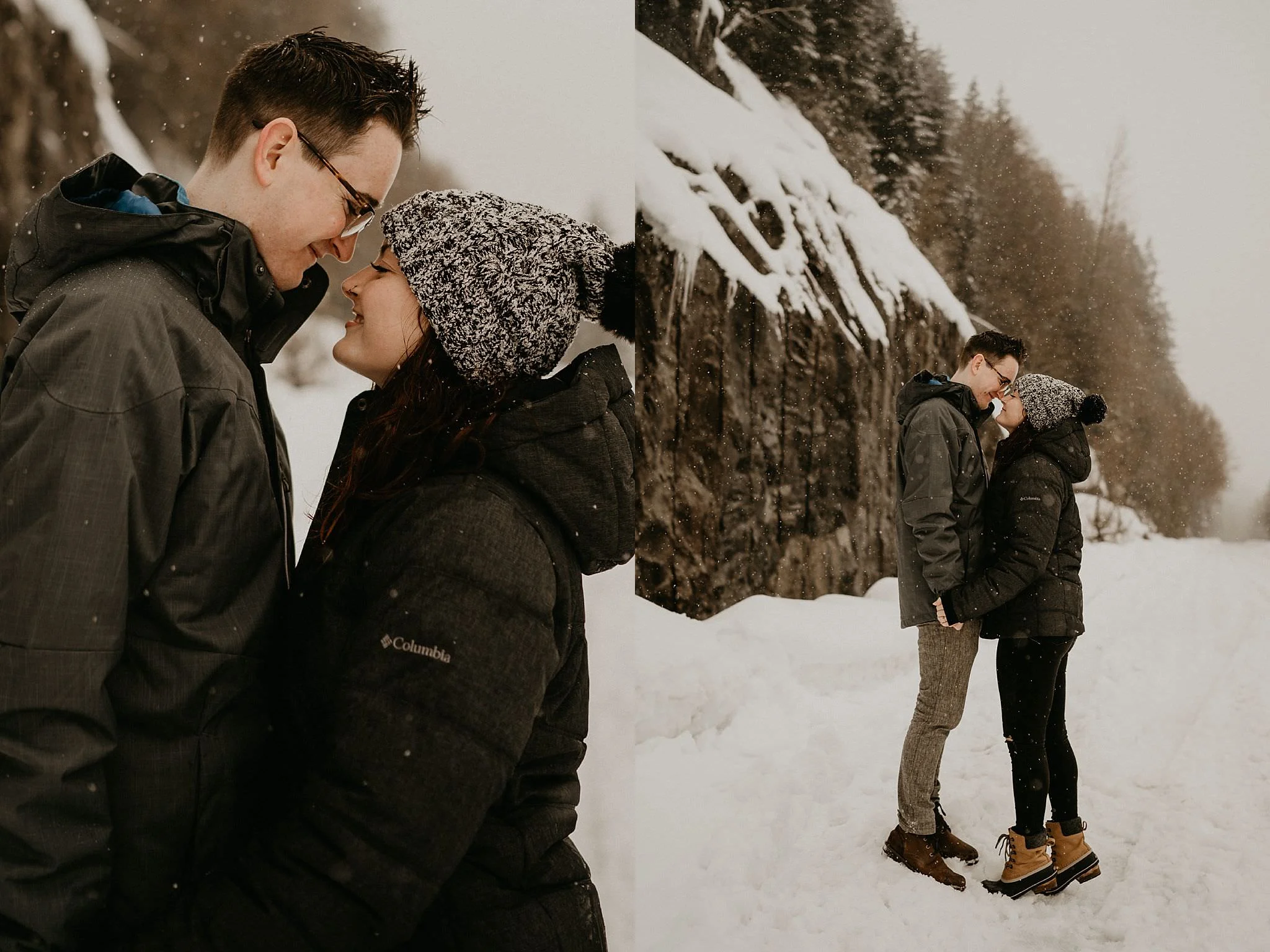 Romantic snow winter engagement photos by Snoqualmie Pass