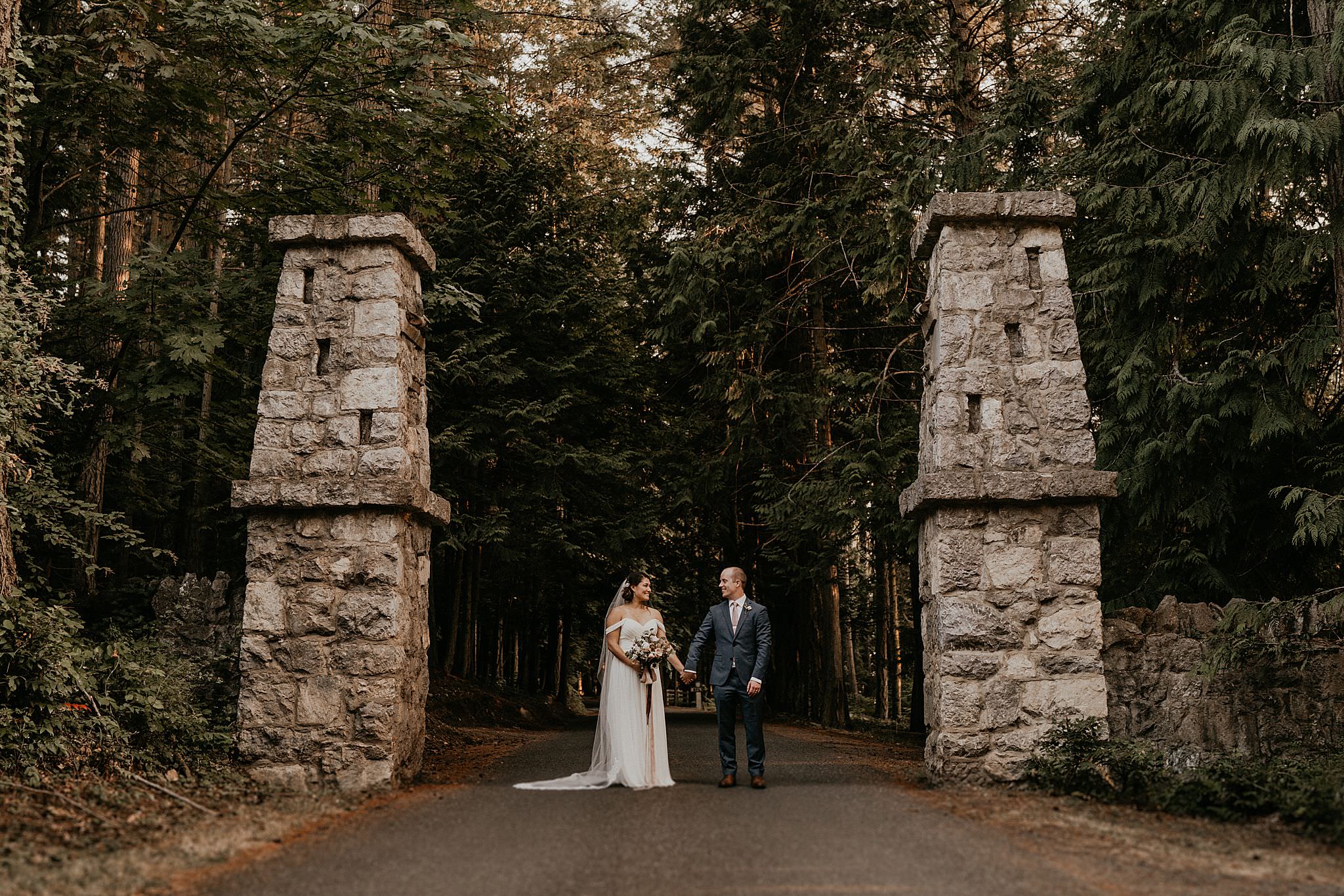 Bride and groom at Roche Harbor resort wedding for sunset photos