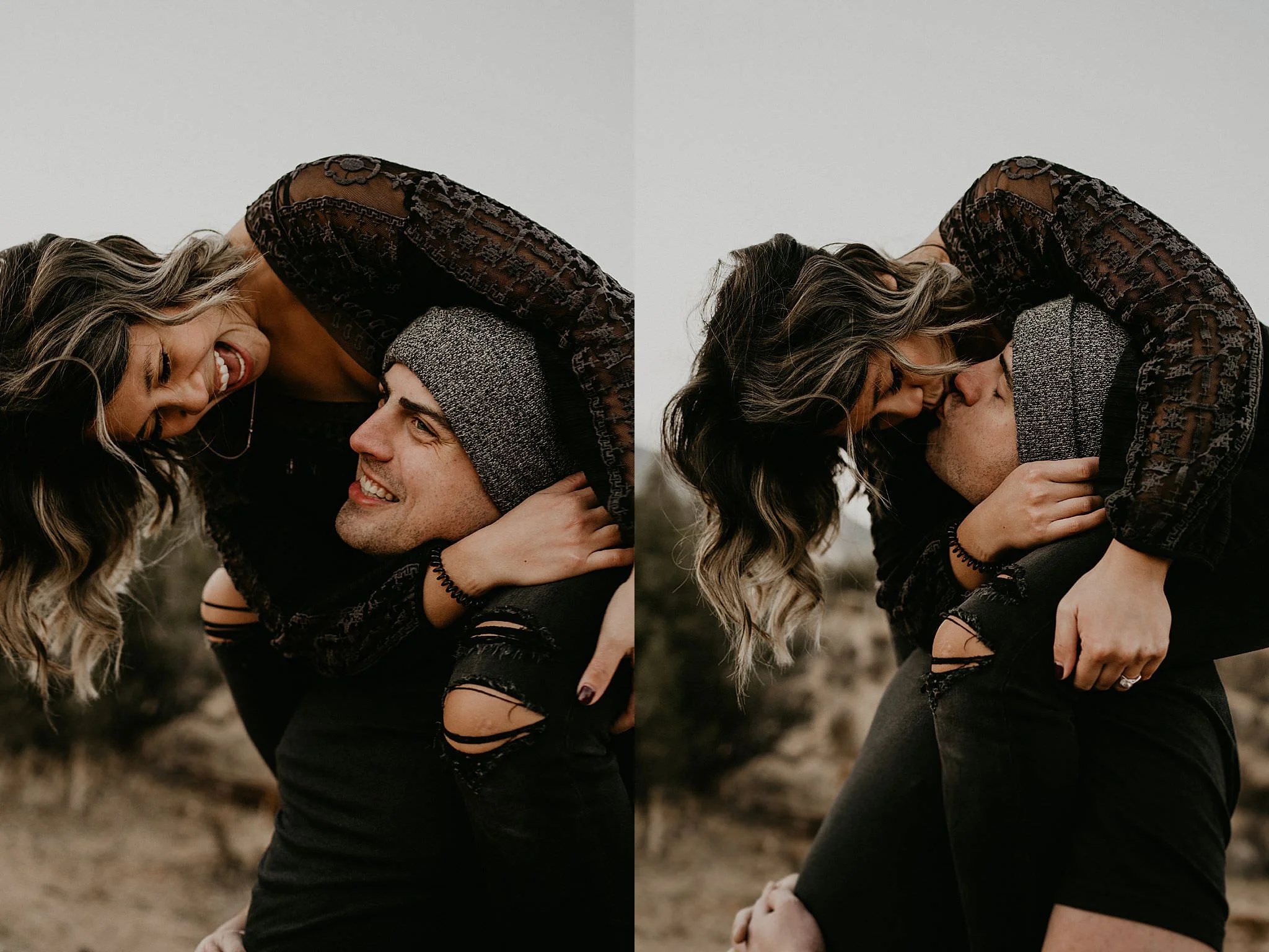 Couple kissing for authentic moments during their adventure at Joshua Tree National Park