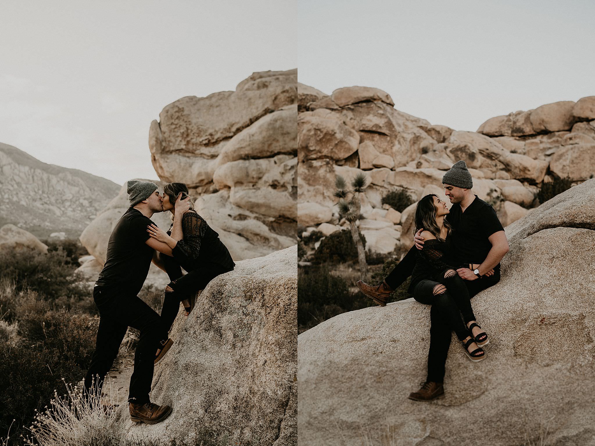 Kissing during sun rise in Palm Springs for couple photos