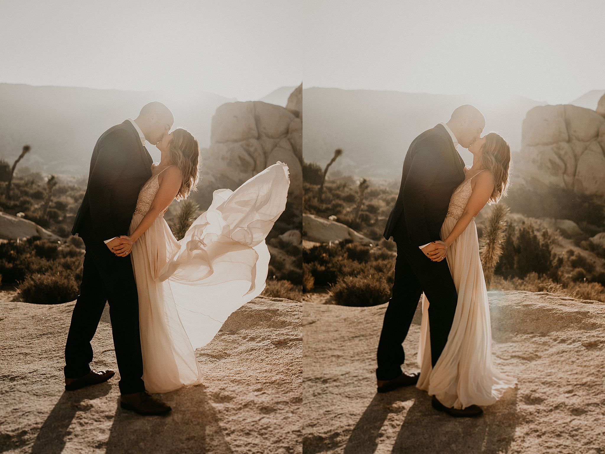 Bride and groom on their elopement day at Joshua Tree national park near Palm Springs desert