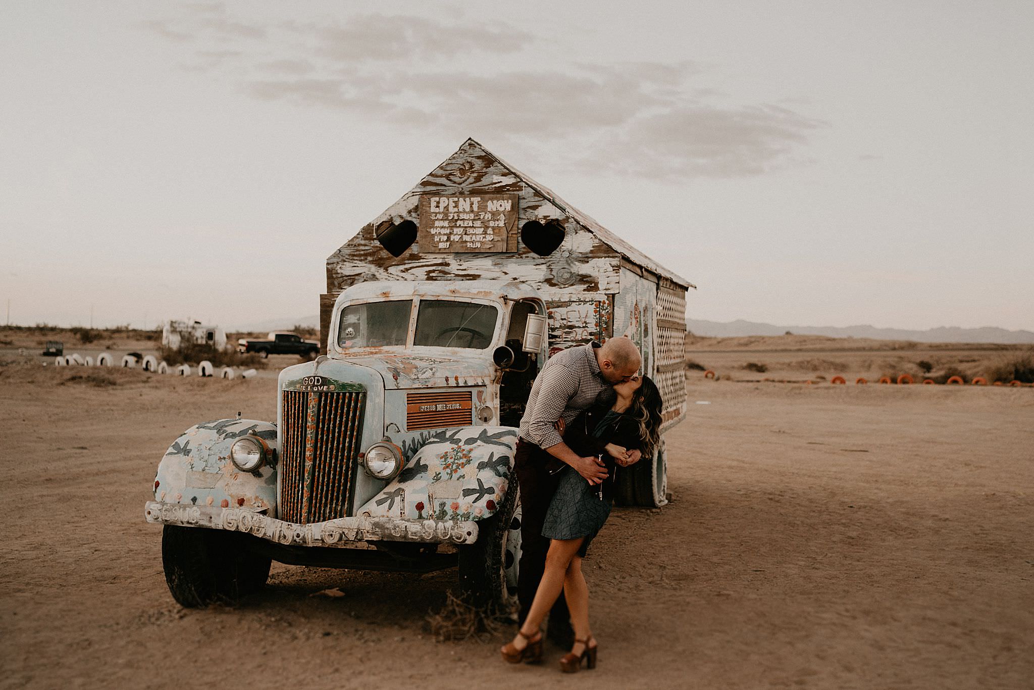 Hipster cool bus found near salvation mountain for engagement photos