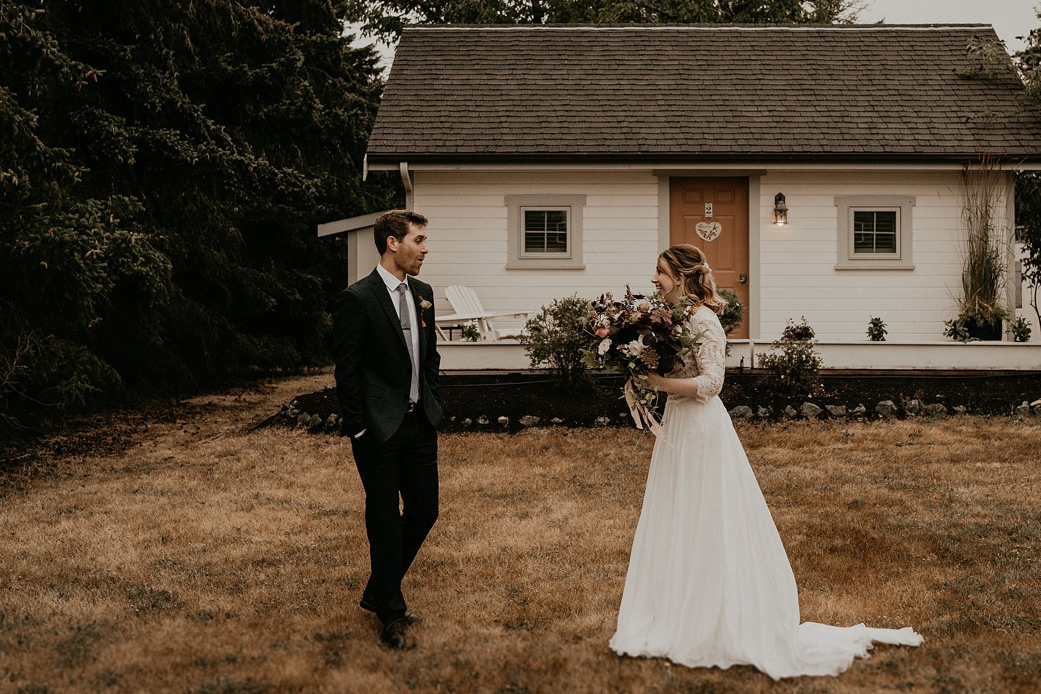 Intimate first look before wedding on Whidbey Island Washington state