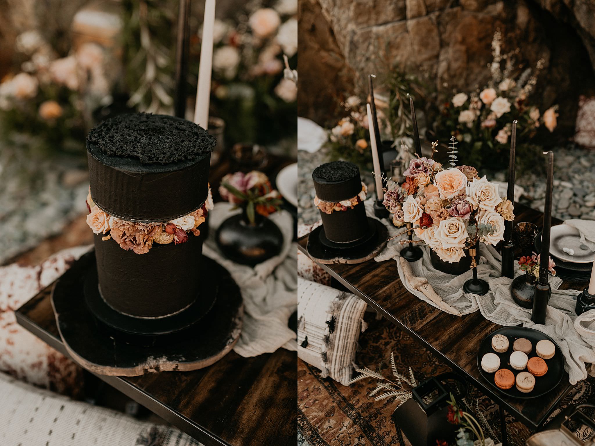 Beautiful wedding details with cakes flowers and decor for beach wedding at Ruby