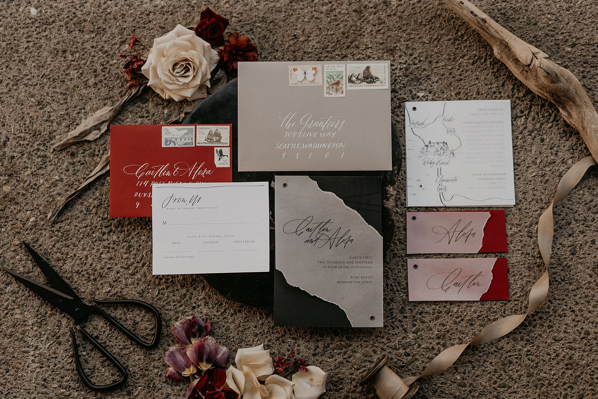 Invitations and stationaries by Ink and Sable for olympic national park elopement