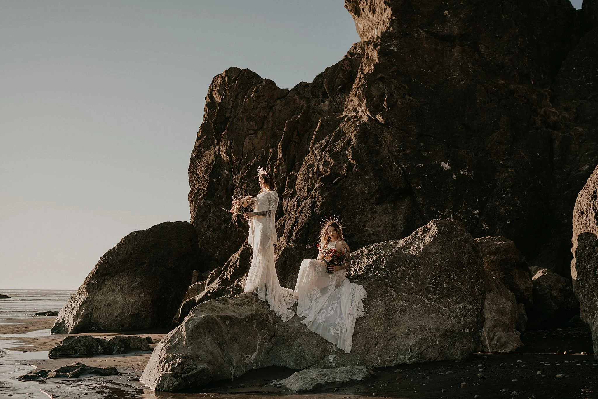 Gorgeous same sex couple at Ruby Beach Vow Renewal wearing Rue de seine dress from Seattle Dress Theory