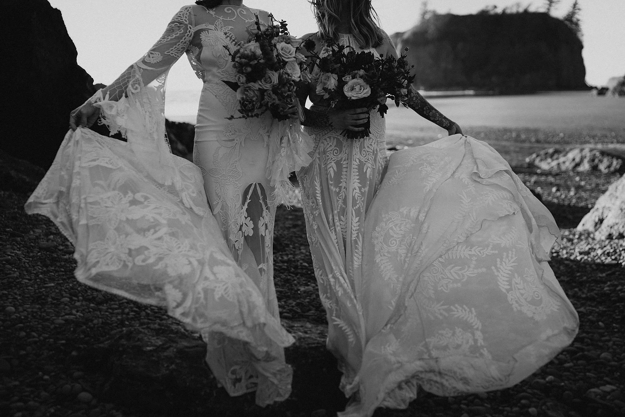 Gorgeous same sex couple at Ruby Beach Vow Renewal wearing Rue de seine dress from Seattle Dress Theory