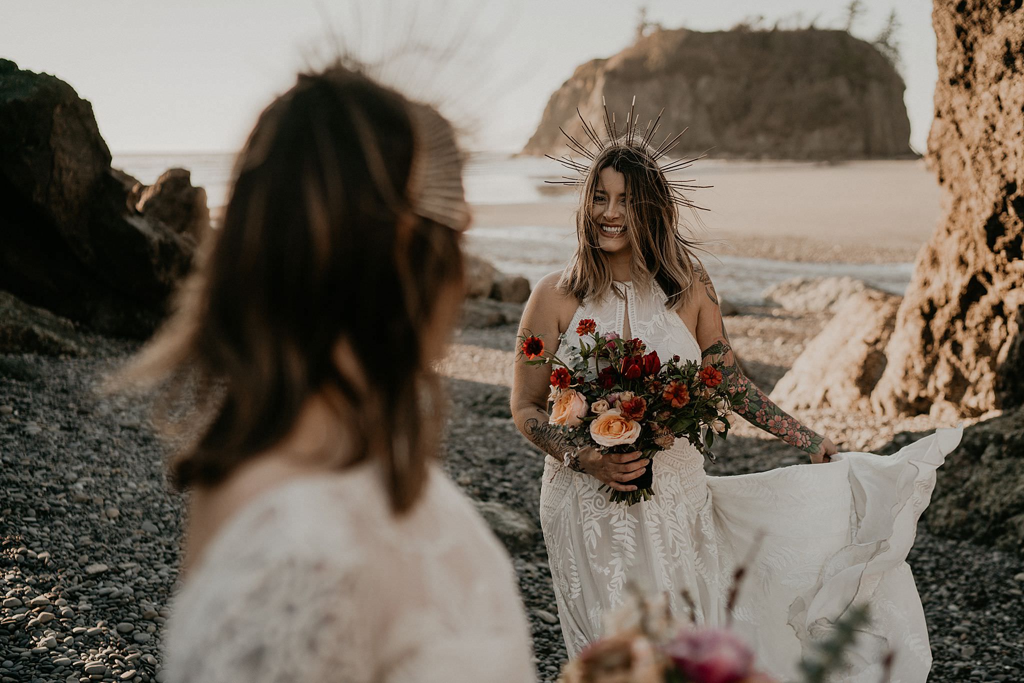 Gorgeous same sex couple at Ruby Beach Vow Renewal wearing Rue de seine dress from Seattle Dress Theory