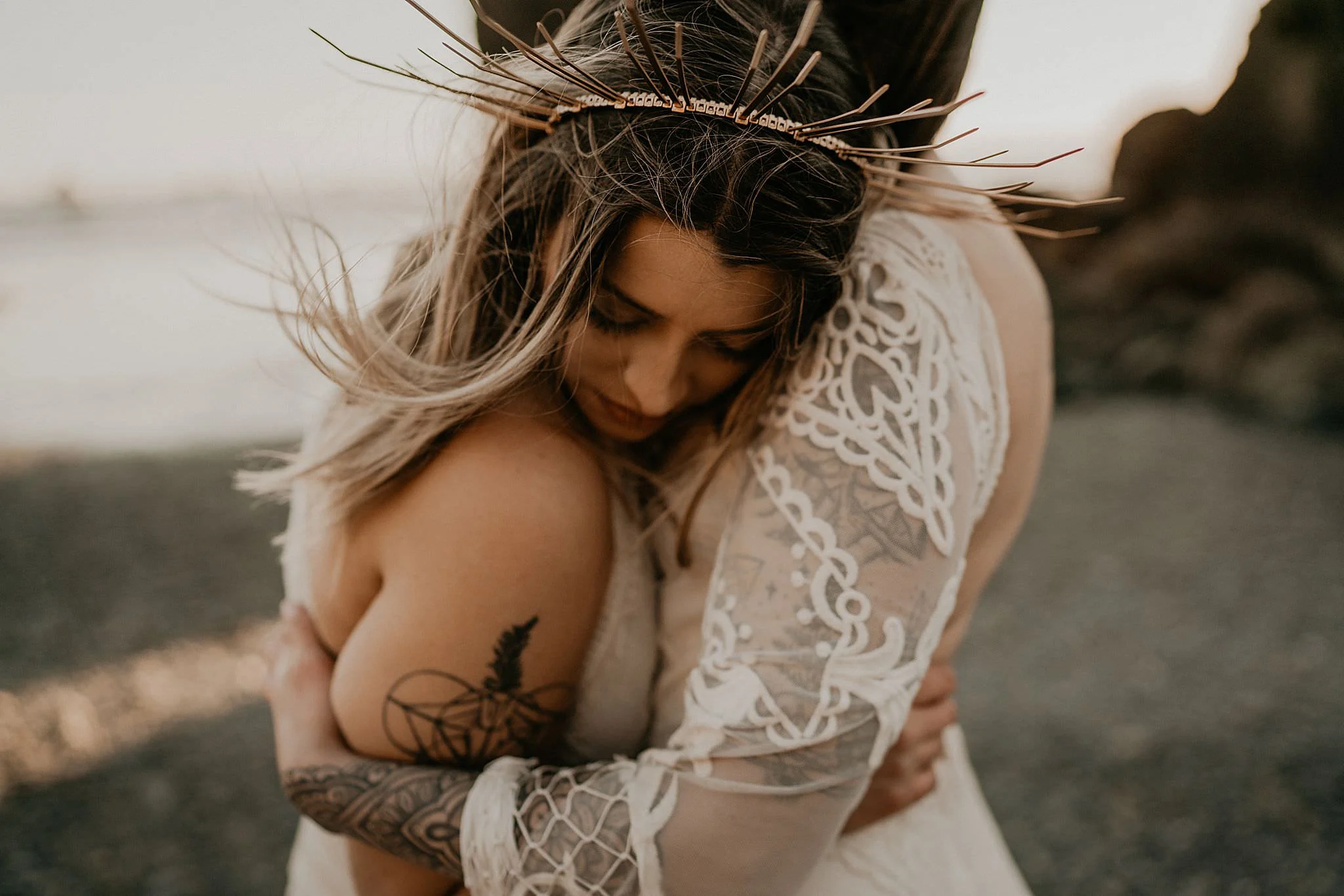 Lesbian brides at Ruby Beach elopement wearing bohemian Rue de seine dress from Seattle Dress Theory