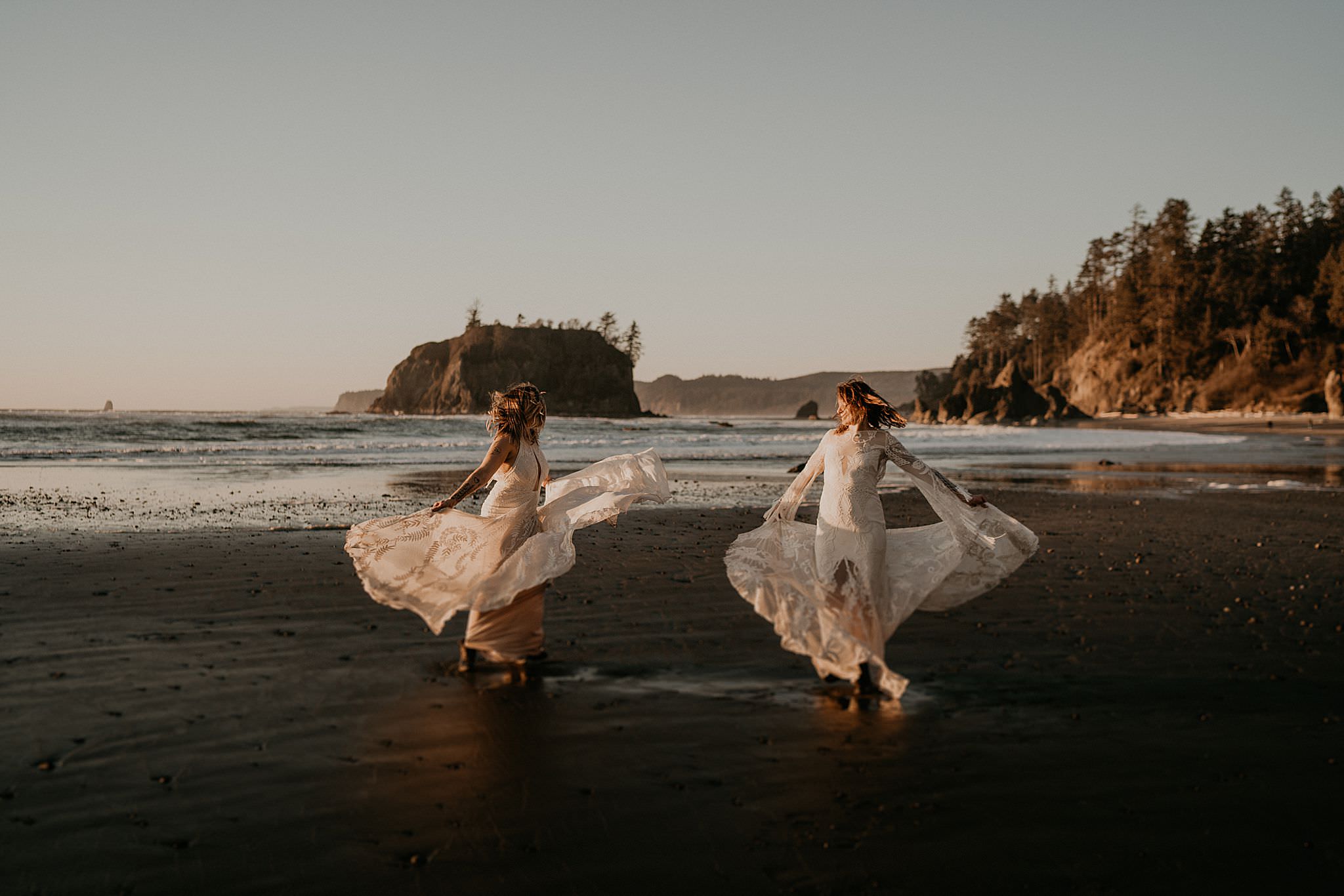 Beach elopement with bohemian Rue De Seine wedding dresses at Ruby Rialto and La Push in Olympic National Park