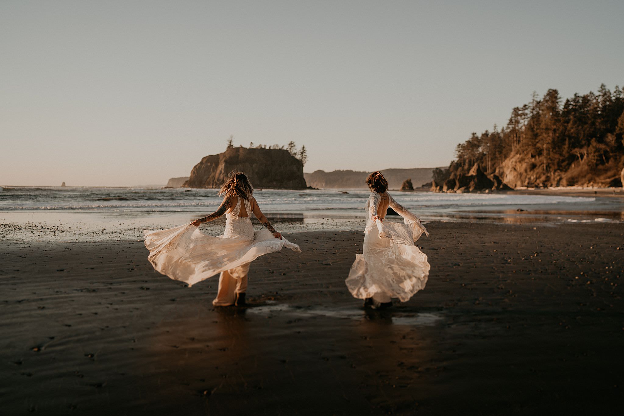 Beach elopement with bohemian Rue De Seine wedding dresses at Ruby Rialto and La Push in Olympic National Park