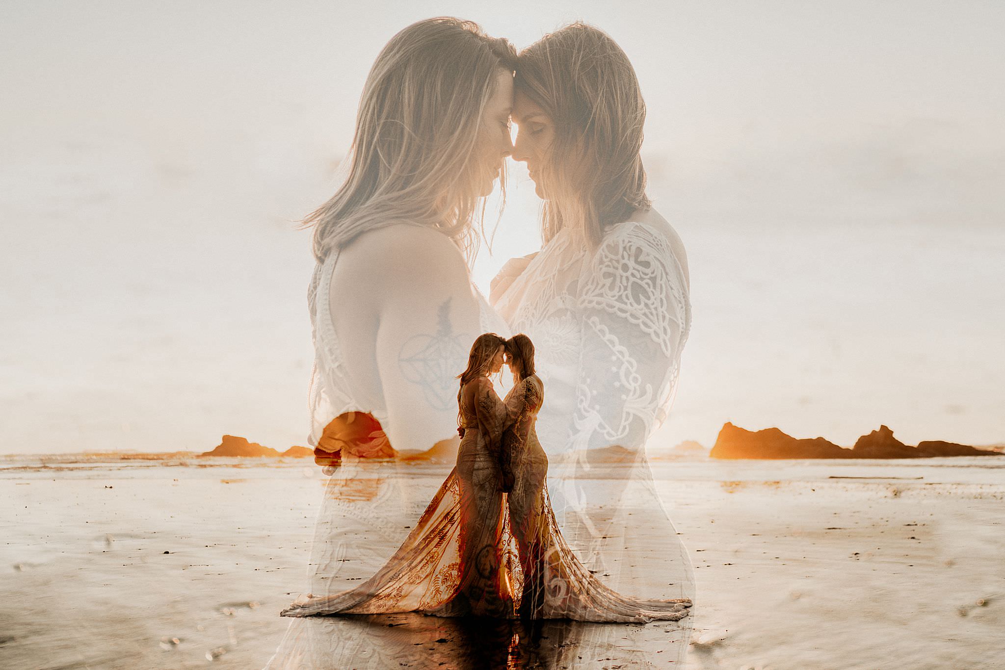 Double exposure wedding photo by olympic national park at ruby beach