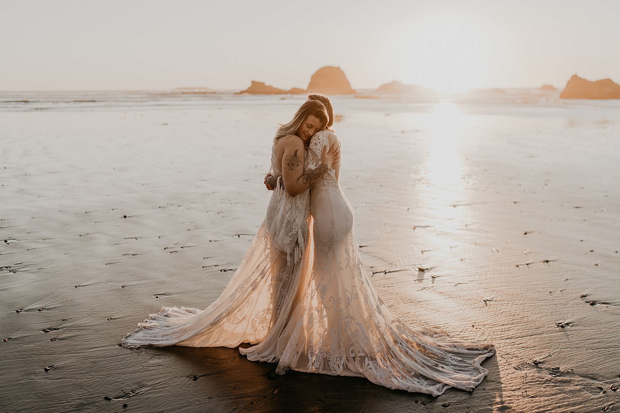 Beach elopement with bohemian Rue De Seine wedding dresses at Ruby Rialto and La Push in Olympic National Park