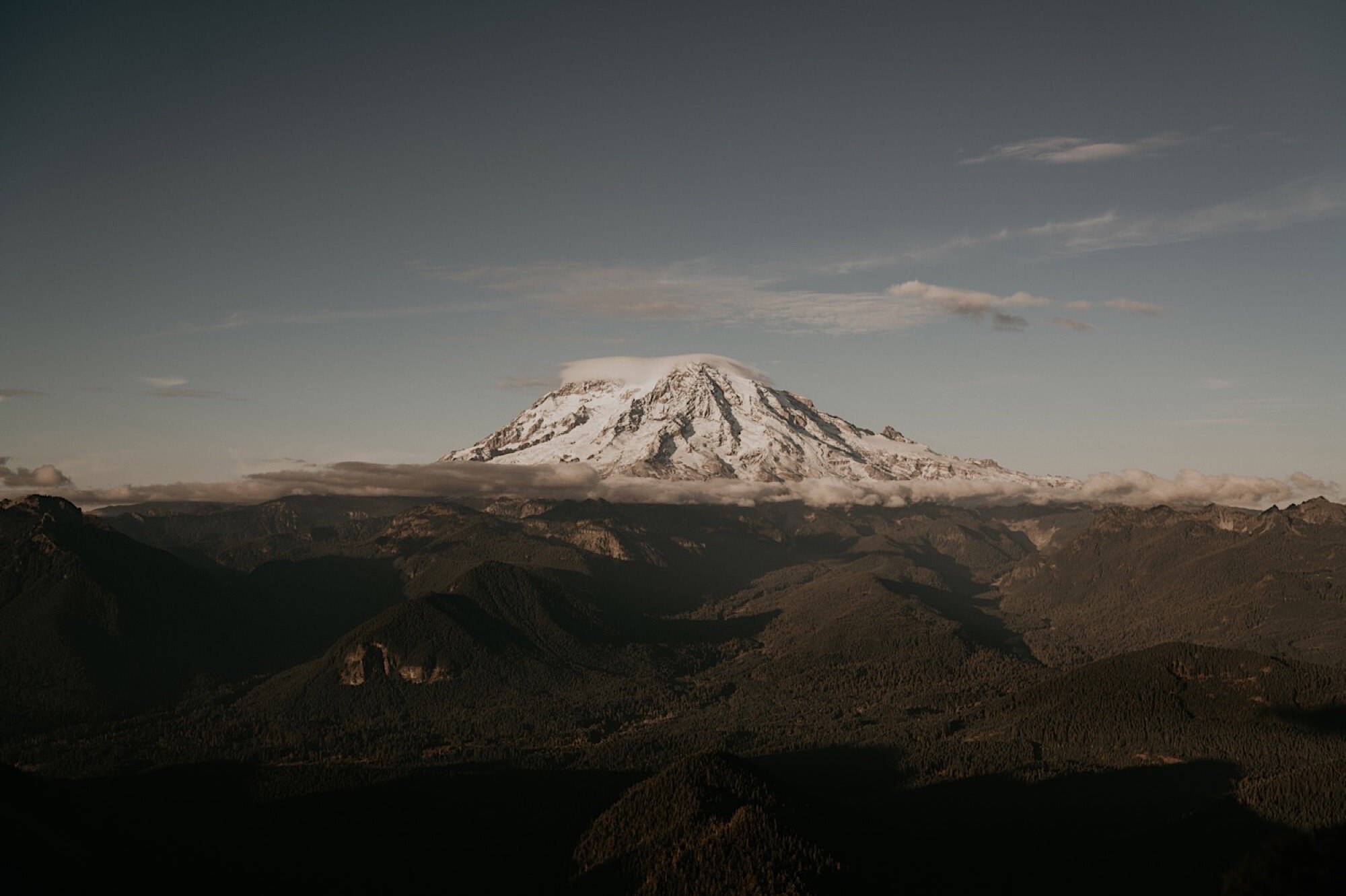 Mount Rainier during sunset of a beautiful adventure elopement