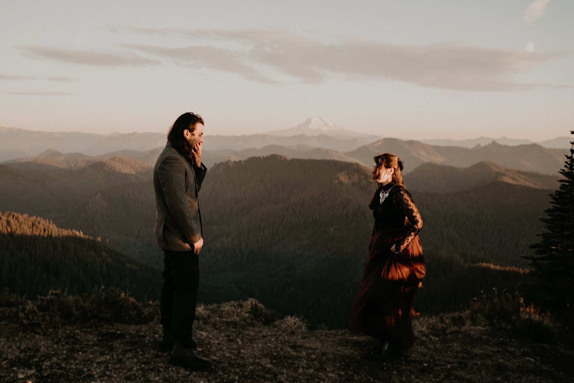 First Look during sunset on Mount Rainier National Park for adventure elopement