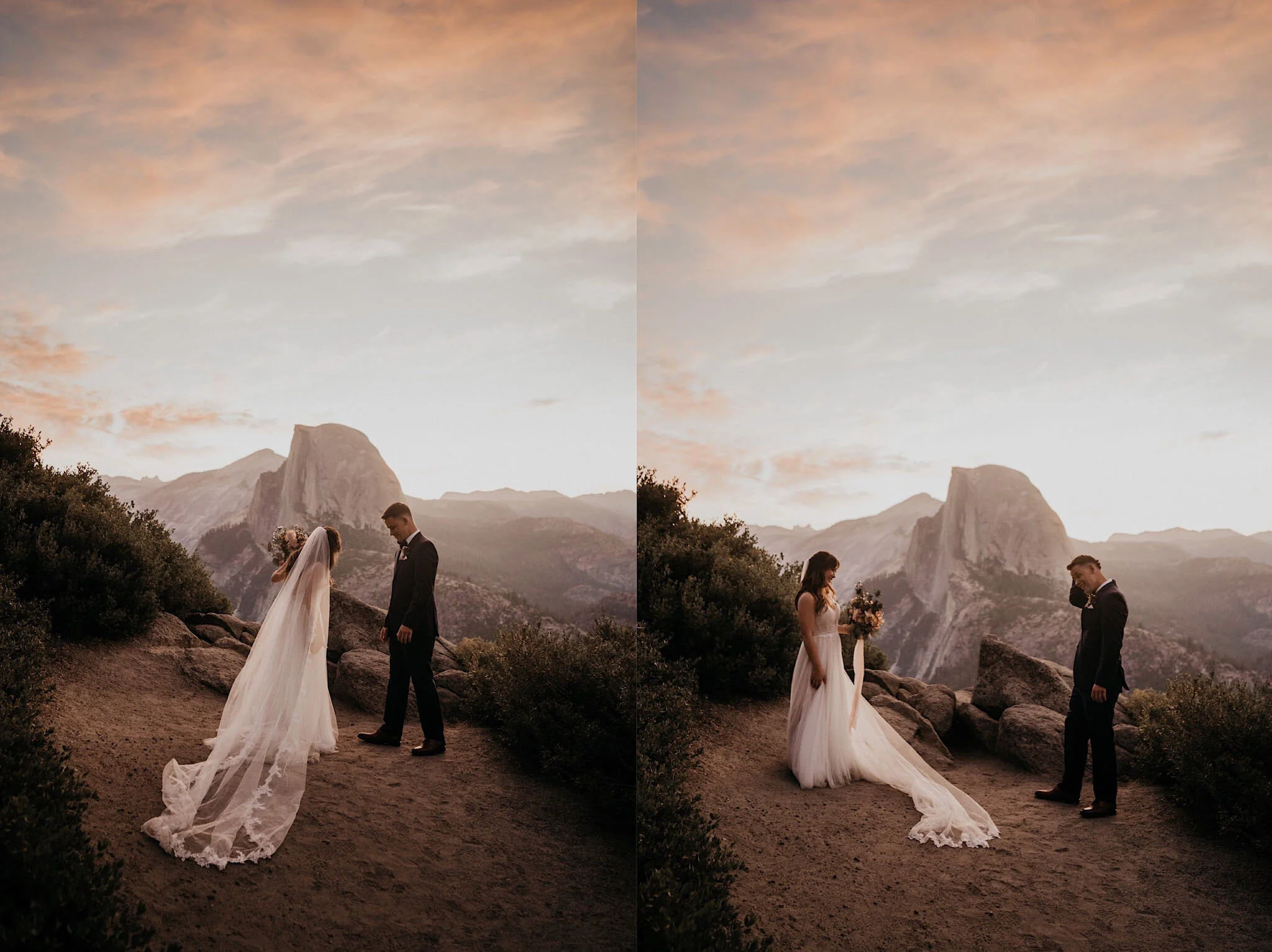 Bride and groom during their first look on Glacier Point in front if Half Dome during their elopement photography