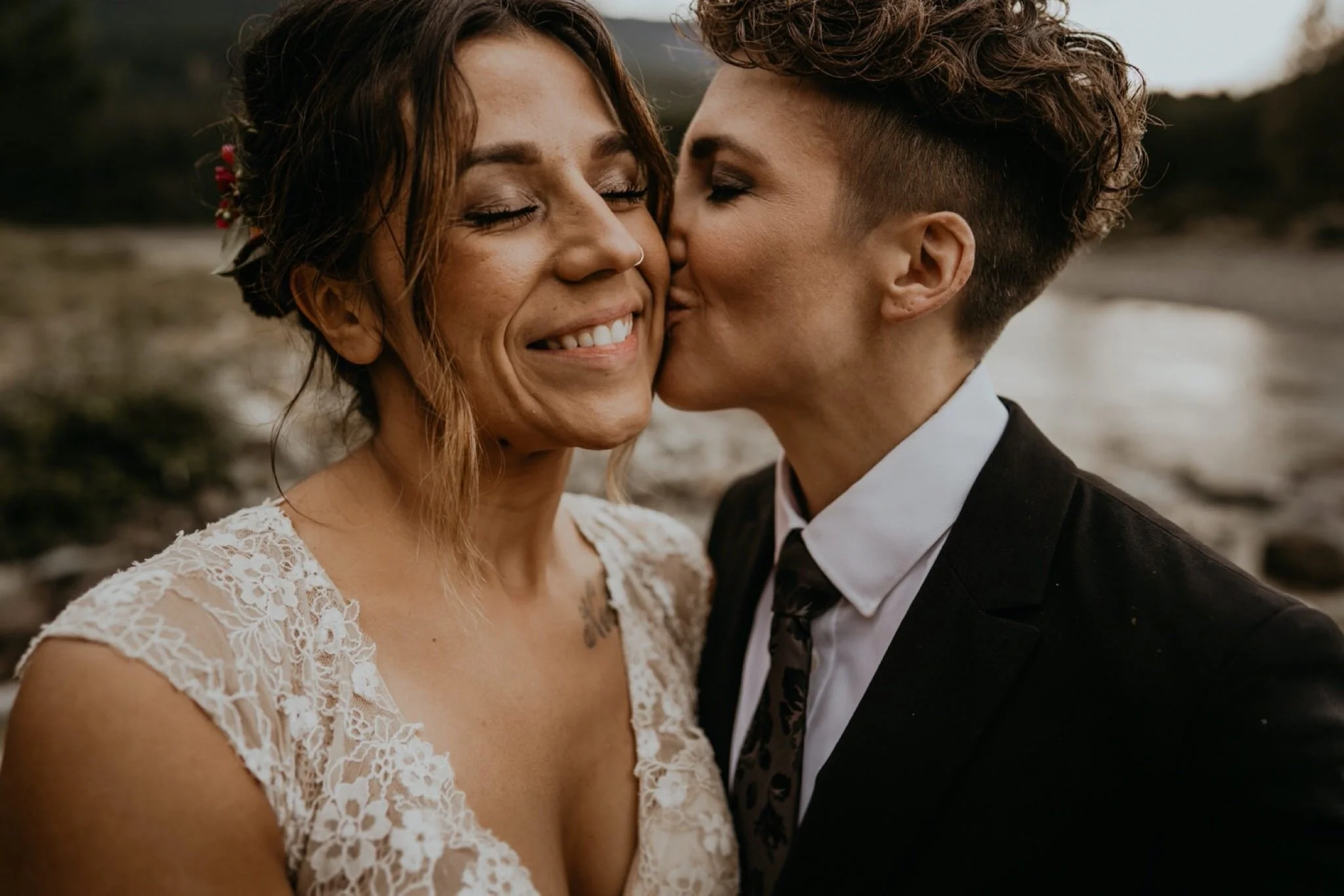 PNW A-frame Cabin Cozy River Intimate Wedding and Elopement at Mount Rainier National Park same sex lesbian wedding