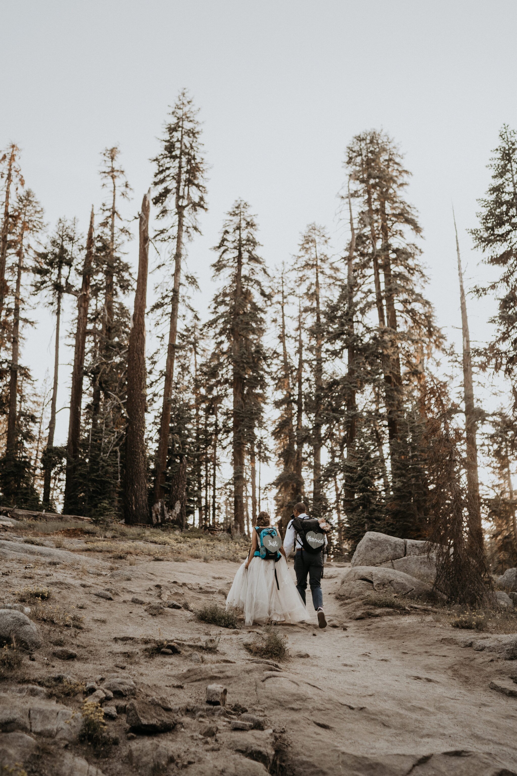 Married couple hiking with "Just Married" sign to Taft Point for sunset photos on their Elopement Day at Yosemite National Park