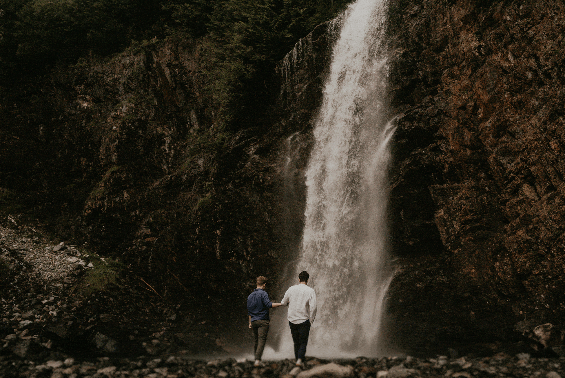 Washington mountain and waterfall engagement photos Seattle LGBTQ wedding photographer