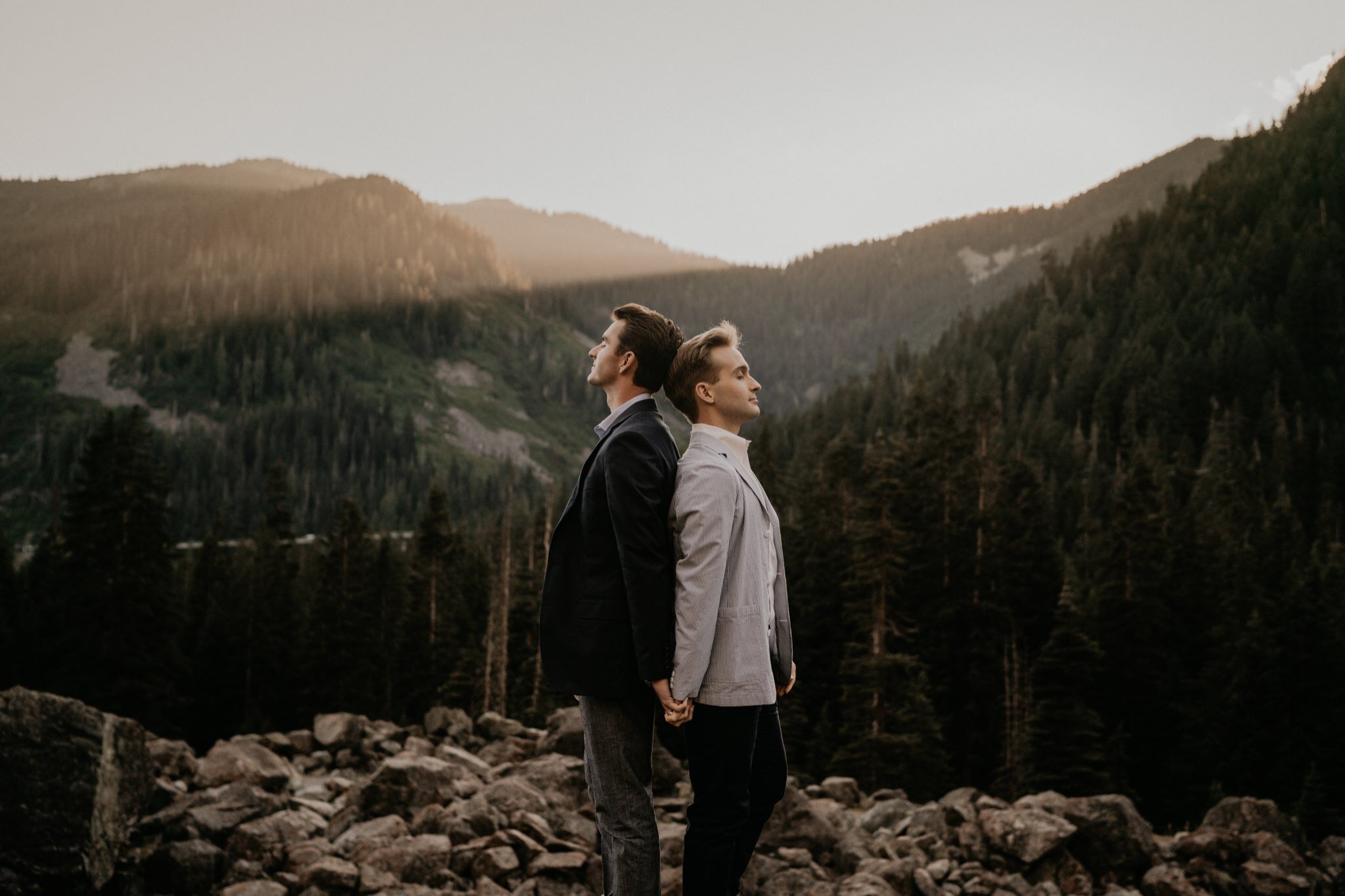 Snoqualmie Pass engagement photos with Mountain and Waterfall views Seattle LGBTQ wedding photographer