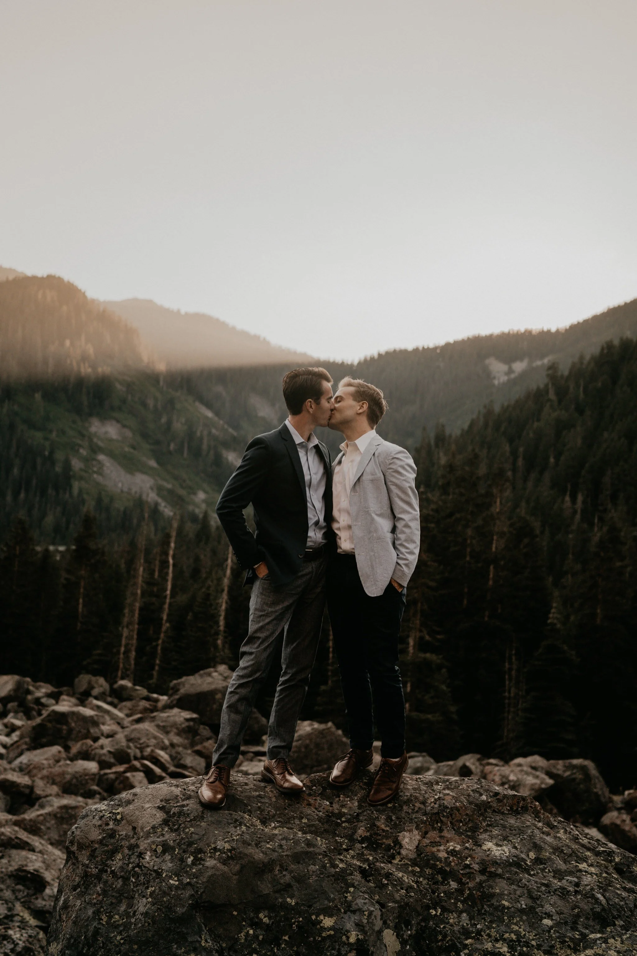 Snoqualmie Pass engagement photos with Mountain and Waterfall views Seattle LGBTQ wedding photographer