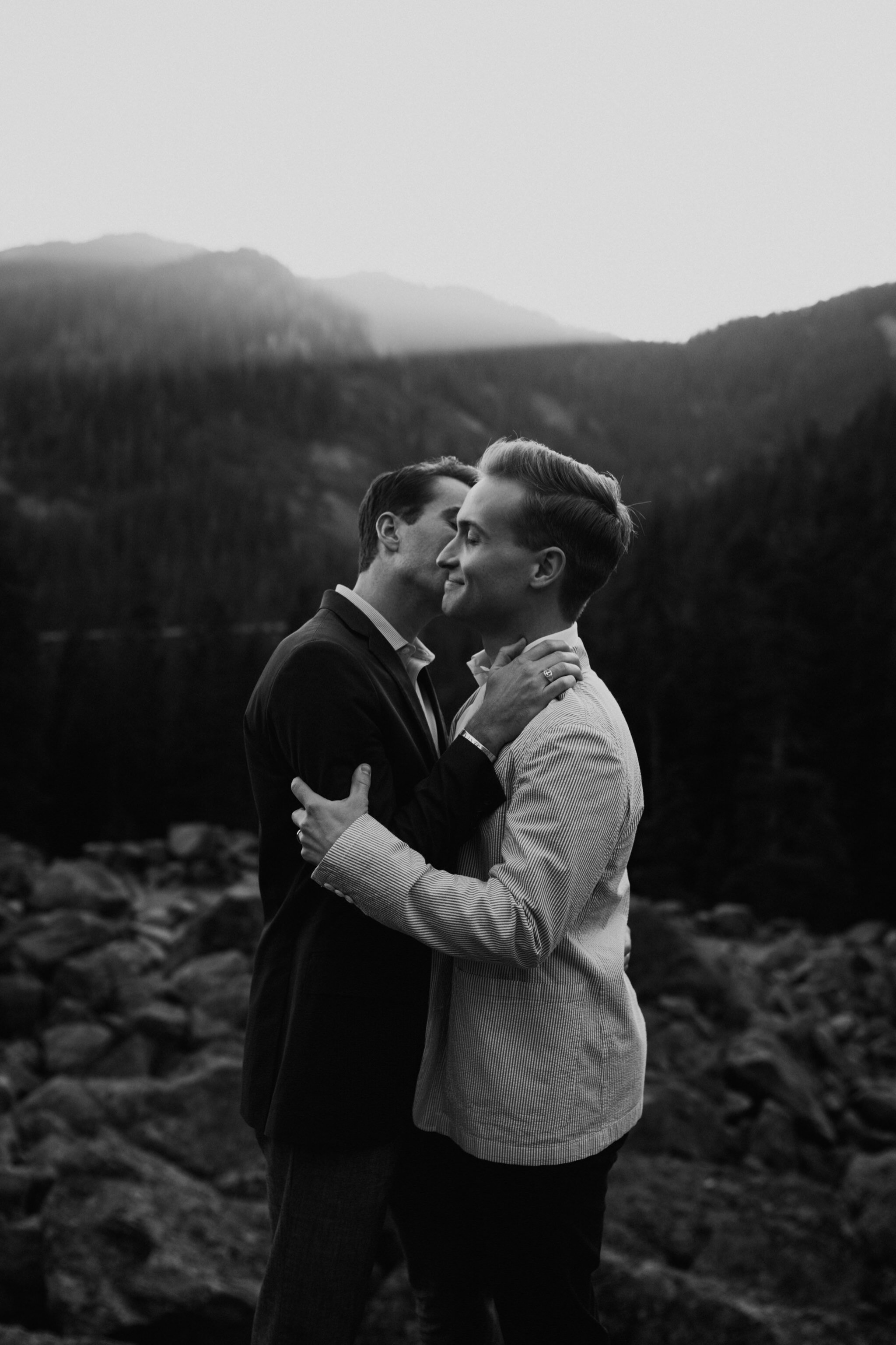 Snoqualmie Pass engagement photos with Mountain and Waterfall views Seattle LGBTQ wedding photographer