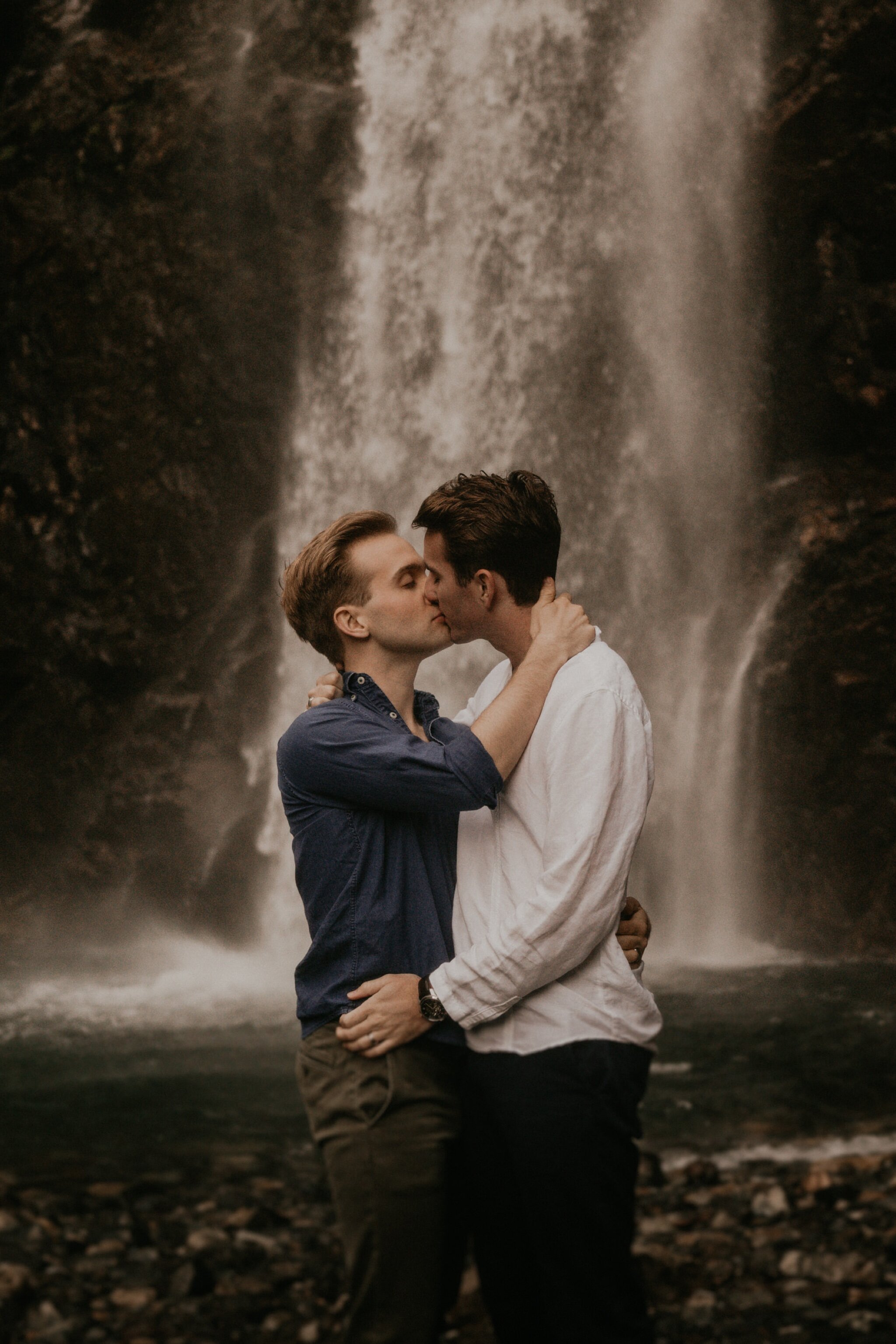 Snoqualmie Pass engagement photos with Mountain and Waterfall views Seattle LGBTQ wedding photographer