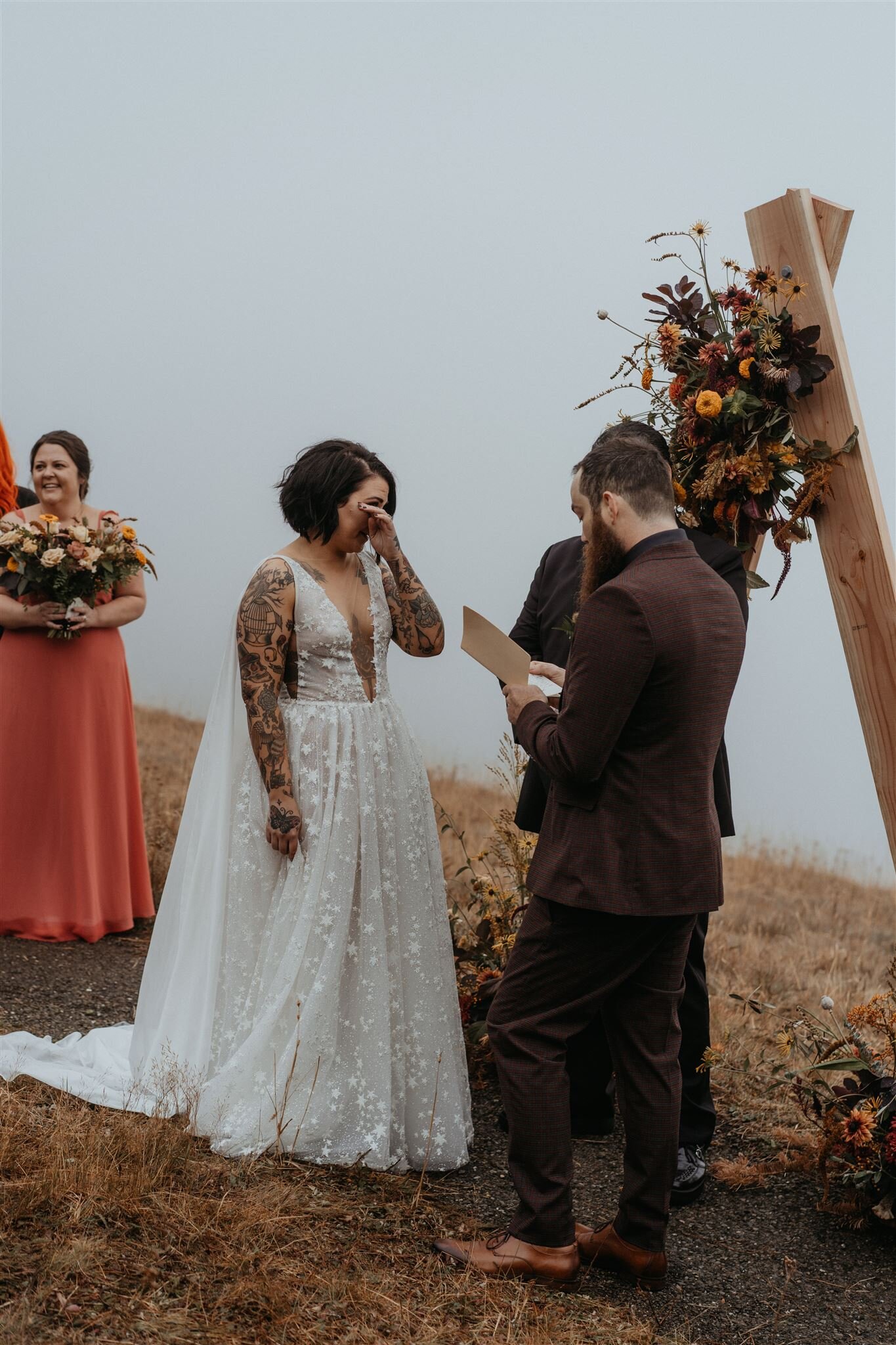 Bride crying at elopement ceremony in Washington at Hurricane Ridge