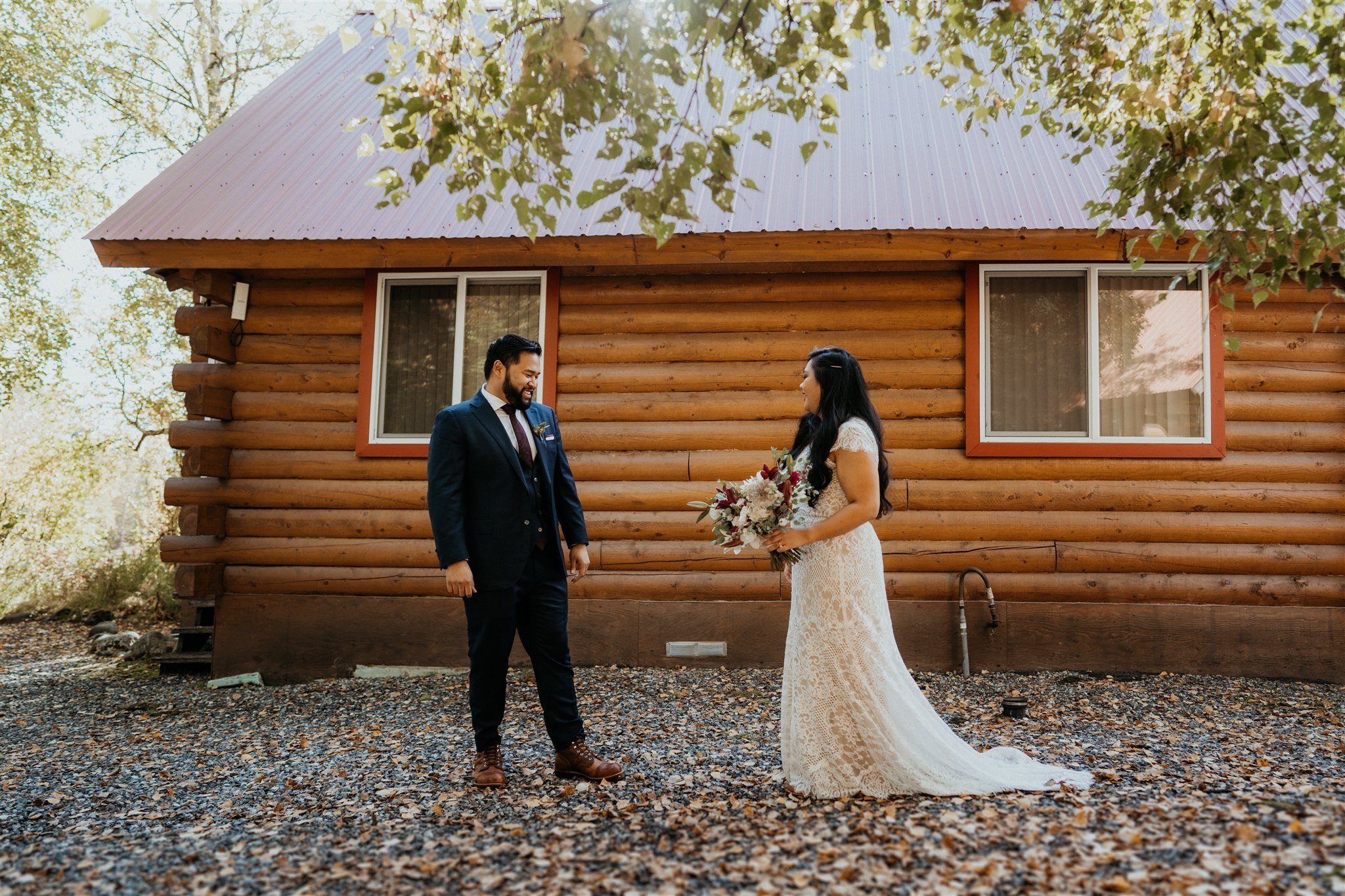 Alaska elopement bride and groom first look