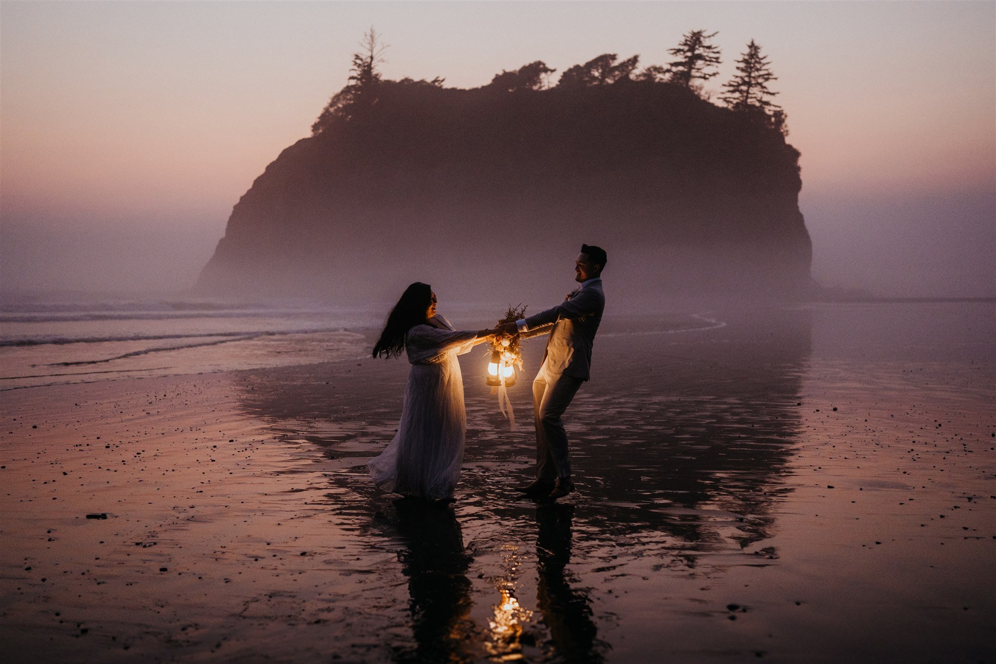 Sunset beach portraits during Olympic National Park elopement