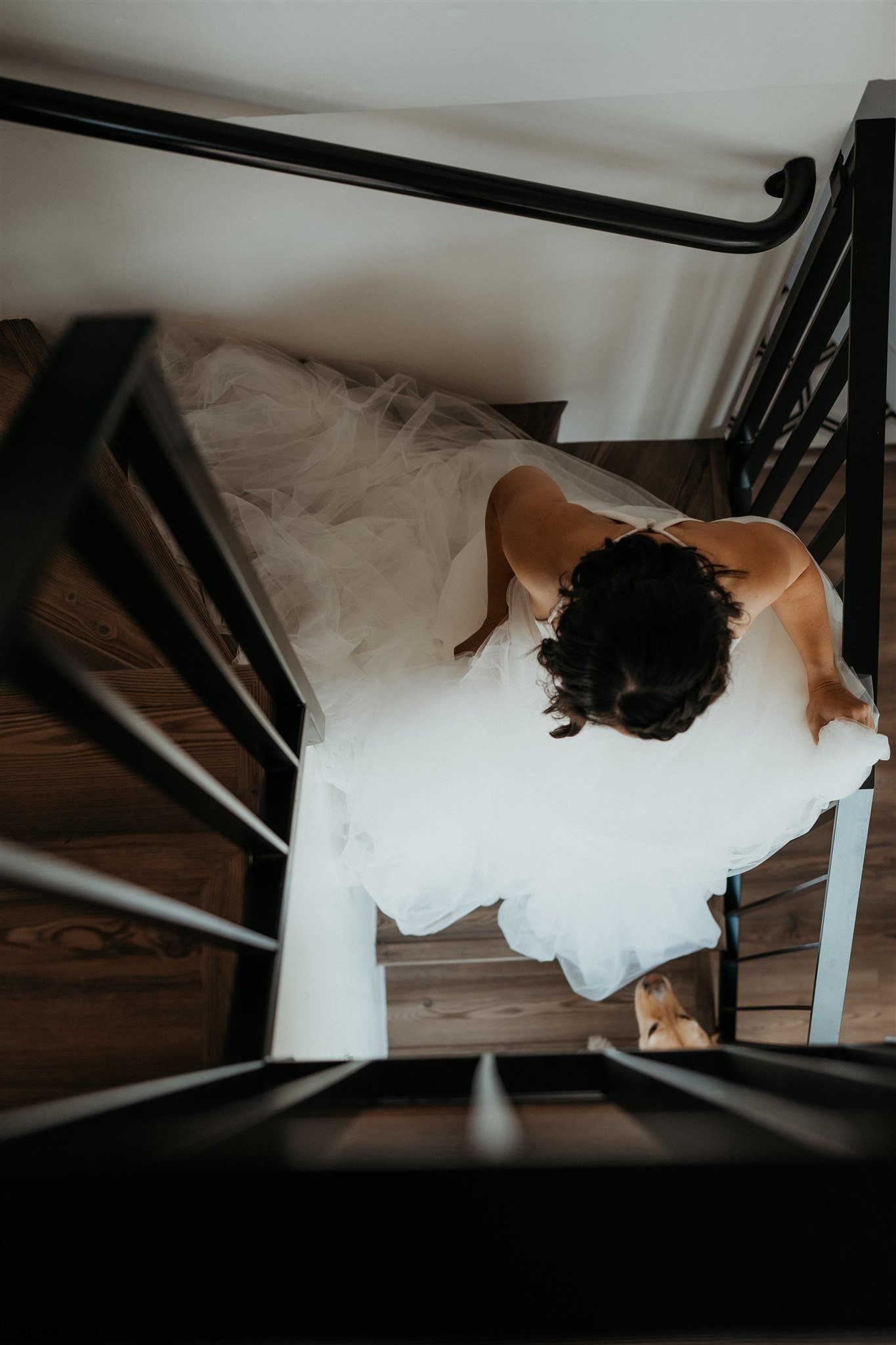 Bride walking down the stairs in her wedding dress