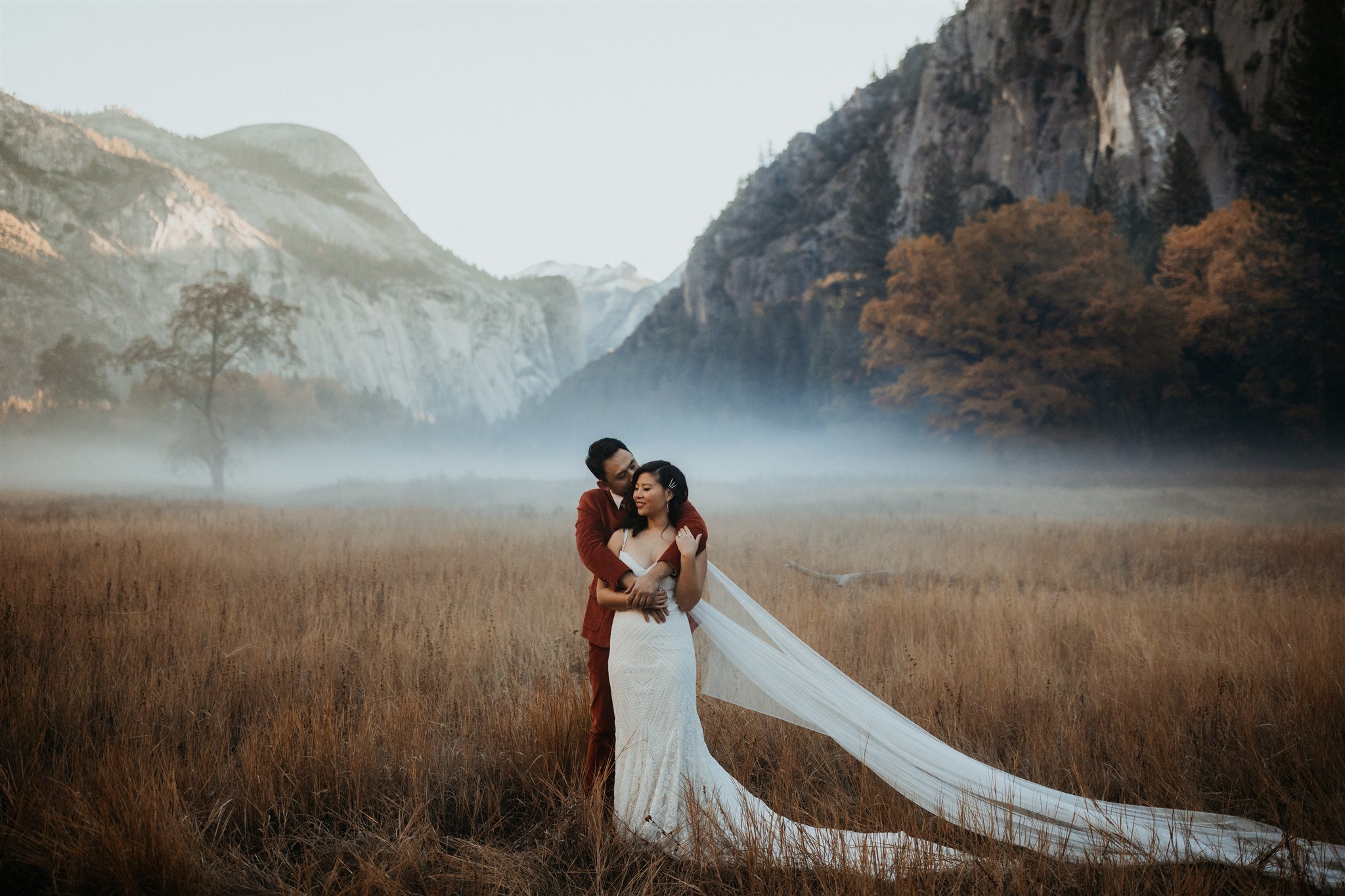 Bride and groom portraits at El Capitan Meadow for Yosemite Elopement