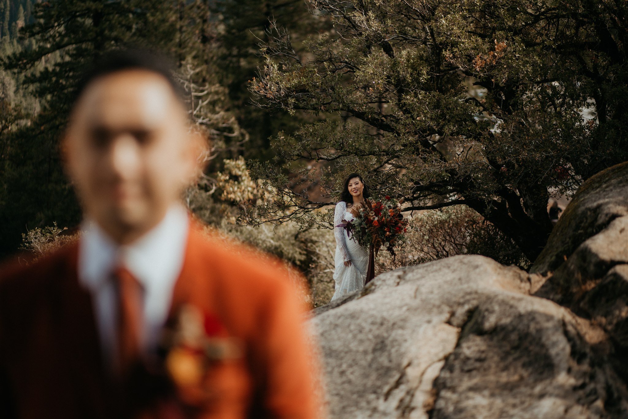 Bride and groom first look at Yosemite elopement
