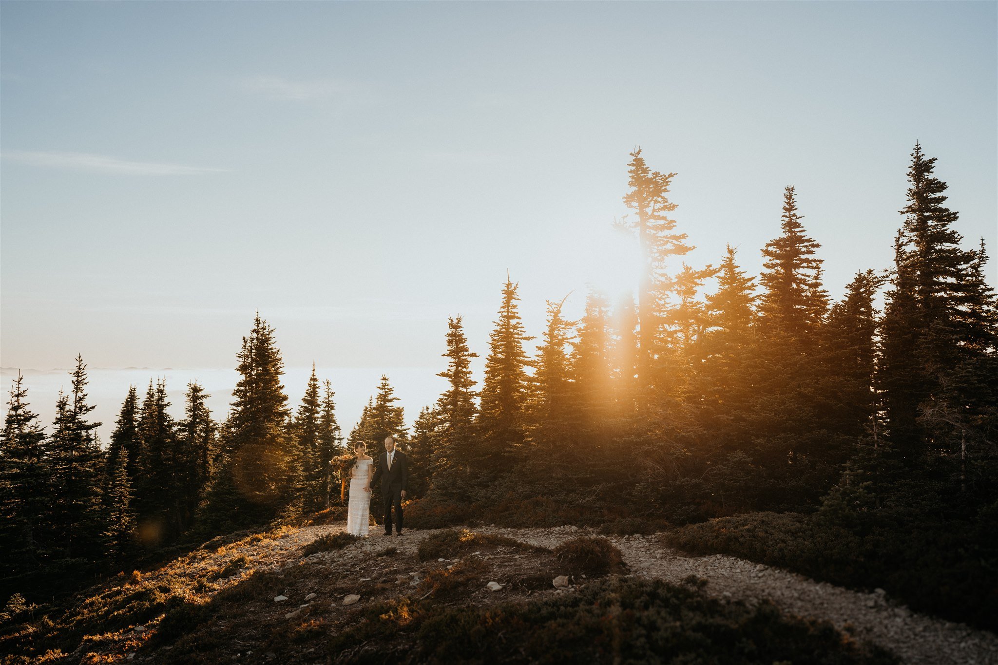 Bride and groom walking along a trail at sunset in Mount Rainier National Park