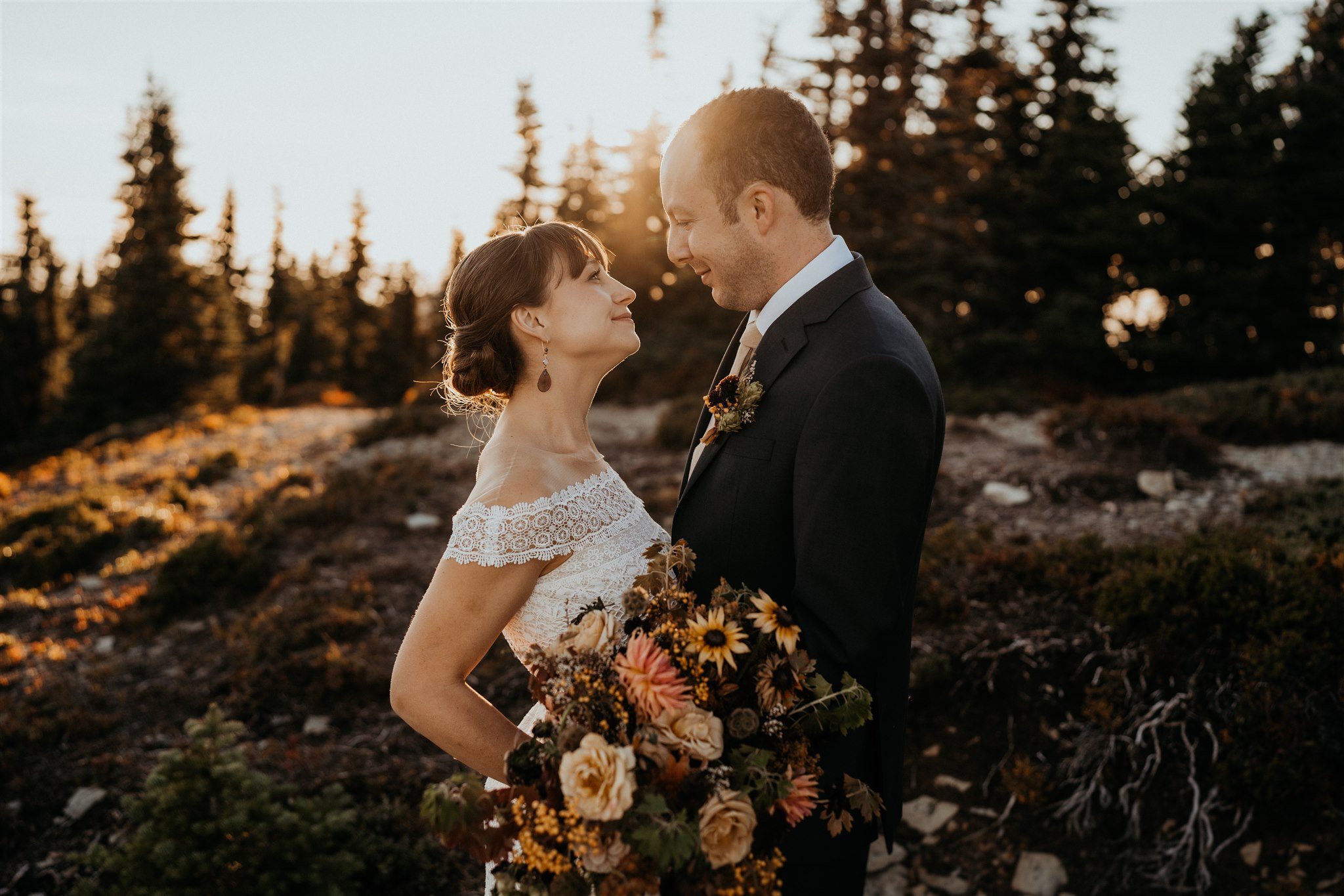 Bride and groom portrait during fall wedding at Mount Rainier