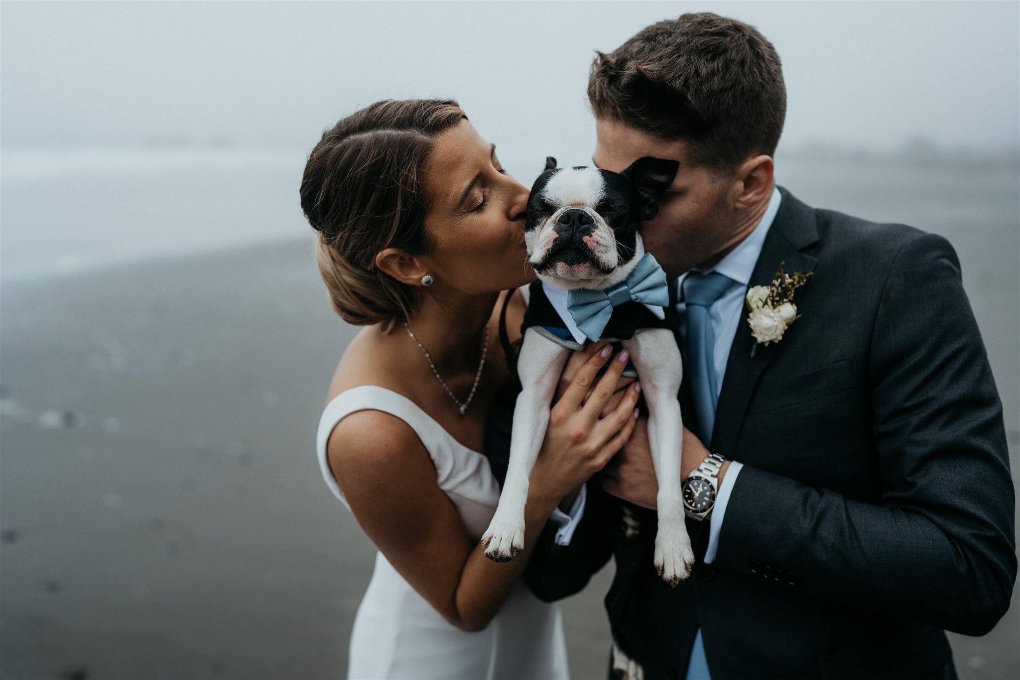 Bride and groom kissing pug dog on the beach on the Oregon Coast