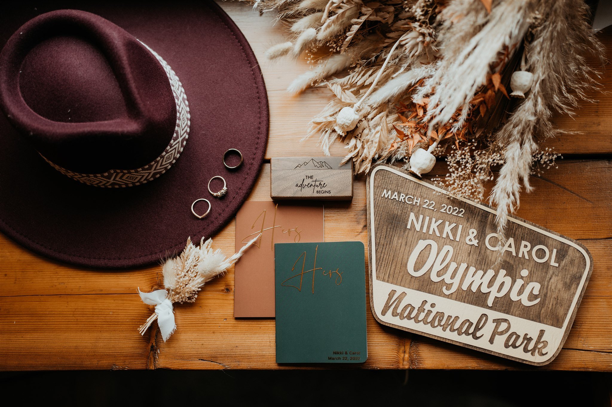 Burgundy felt hat and PNW elopement decorations