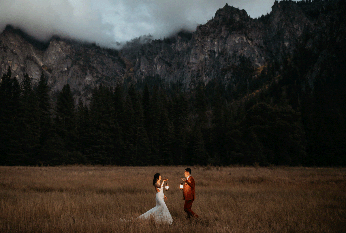Bride and groom walking through El Capitan Meadow at Yosemite elopement