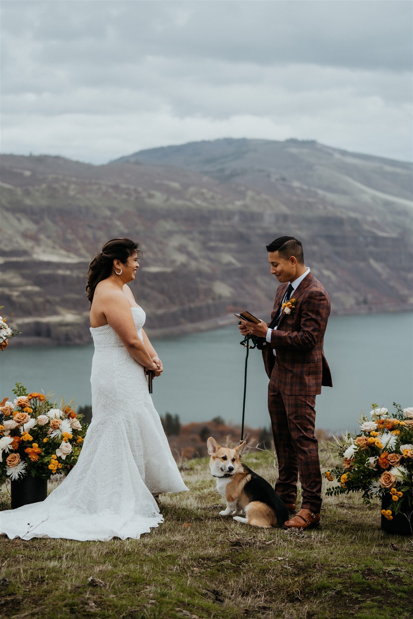 Groom reading vows to bride at Oregon elopement