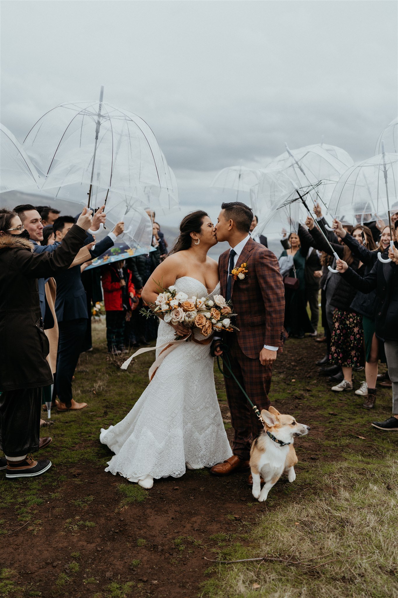 Bride and groom kiss while guests hold clear rain umbrellas