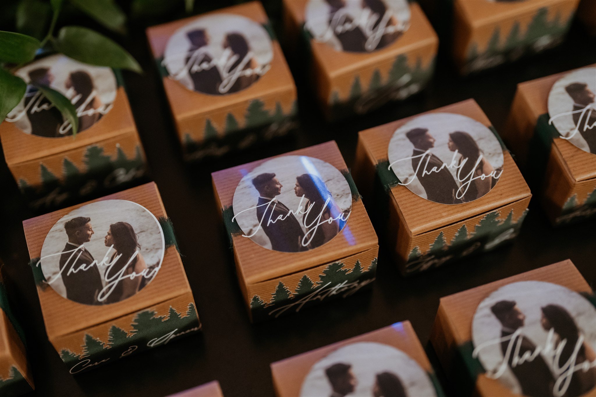 Wedding favor gift boxes with a photo of the bride and groom
