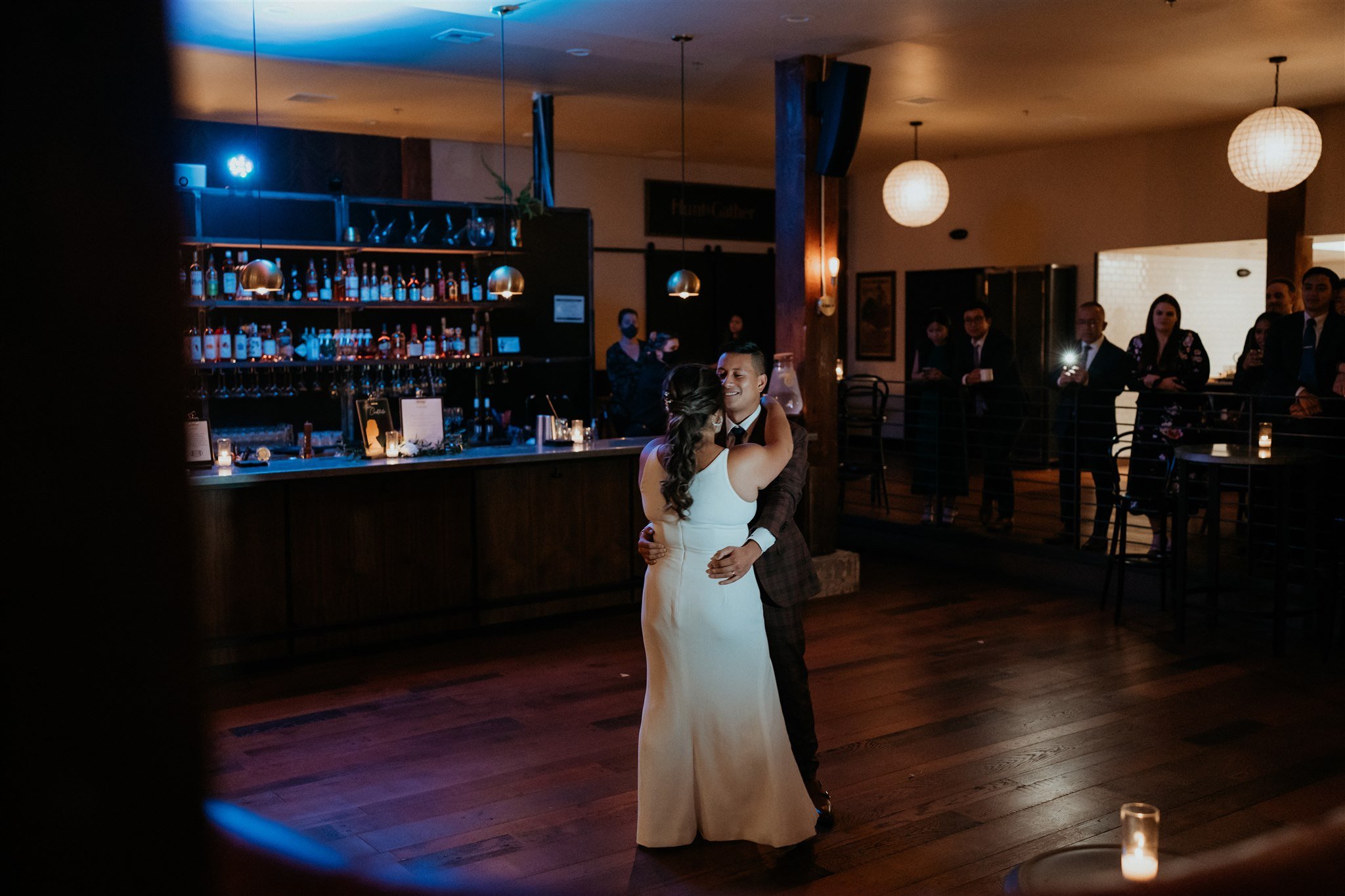 Bride and groom first dance at wedding reception at Hunt and Gather