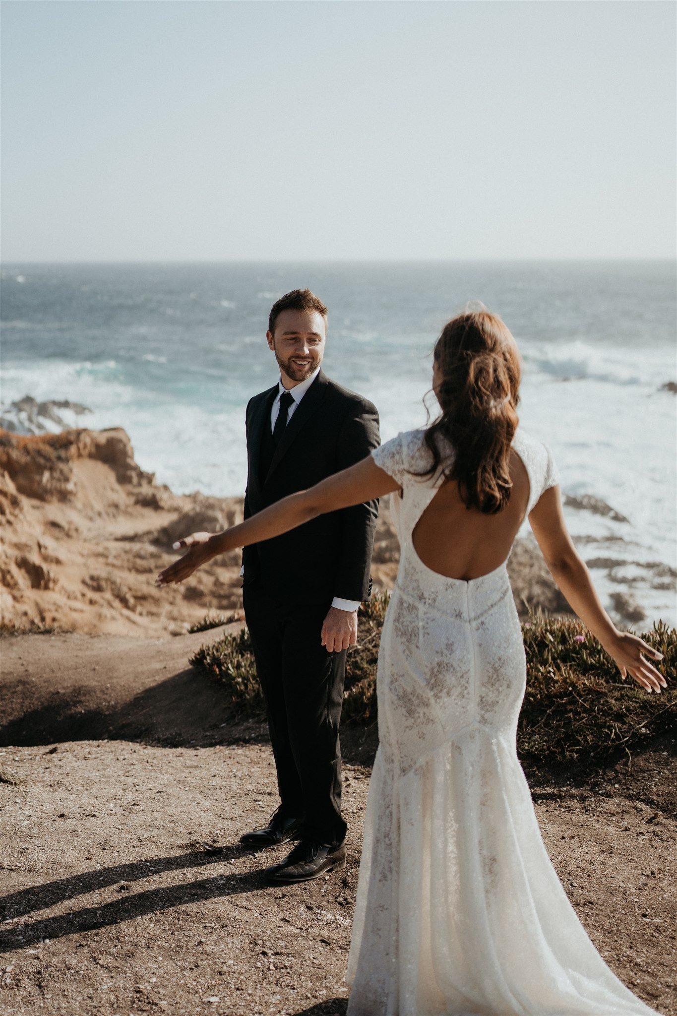 Bride and groom first look at Big Sur elopement location