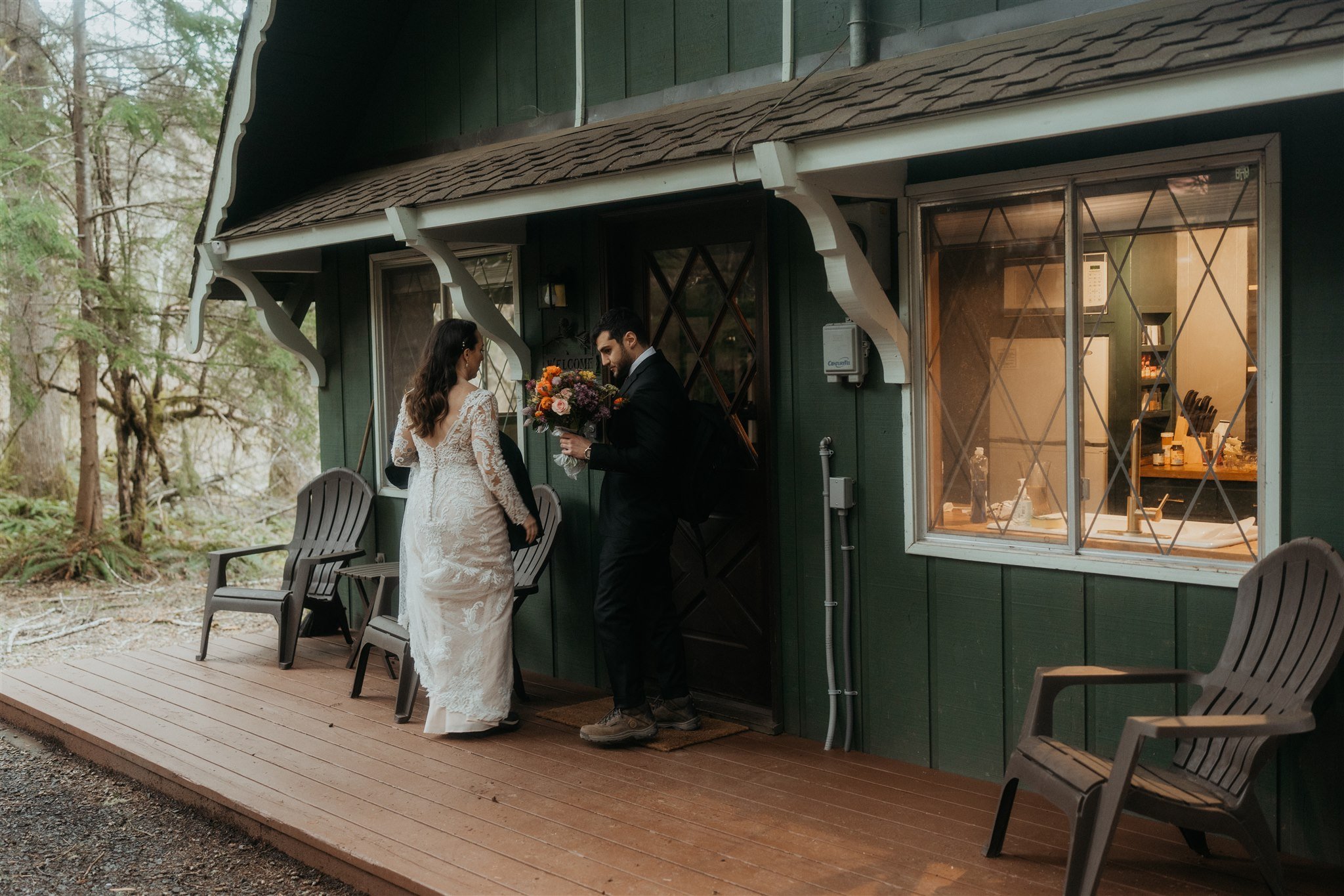 Bride and groom leaving for their hiking elopement in the Washington mountains
