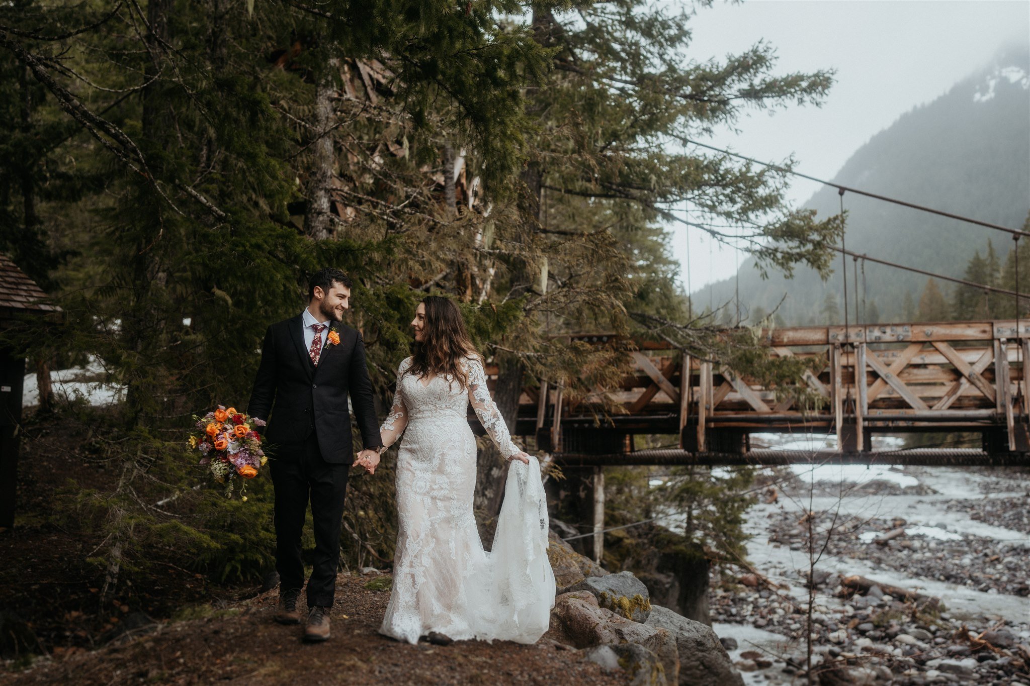 Bride and groom portraits during hiking elopement in the Washington mountains