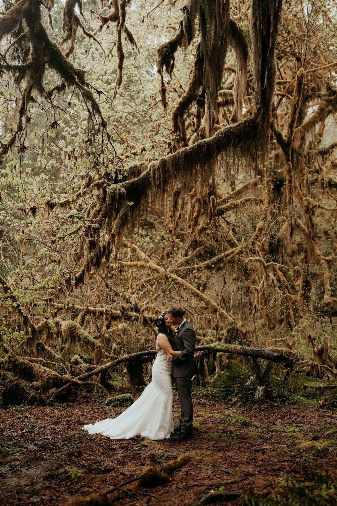 Bride and groom first kiss at Hoh Rainforest elopement