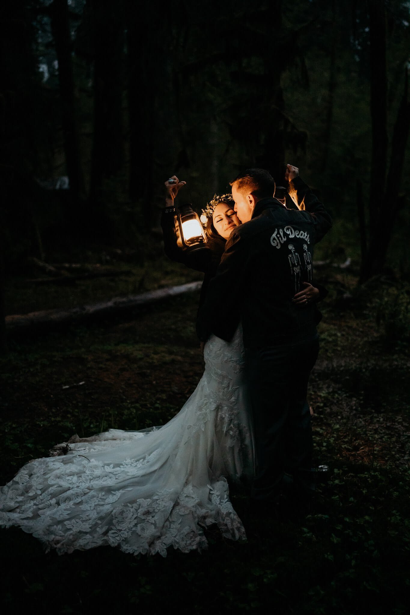 Bride and groom couple photos with lanterns in Hoh Rainforest