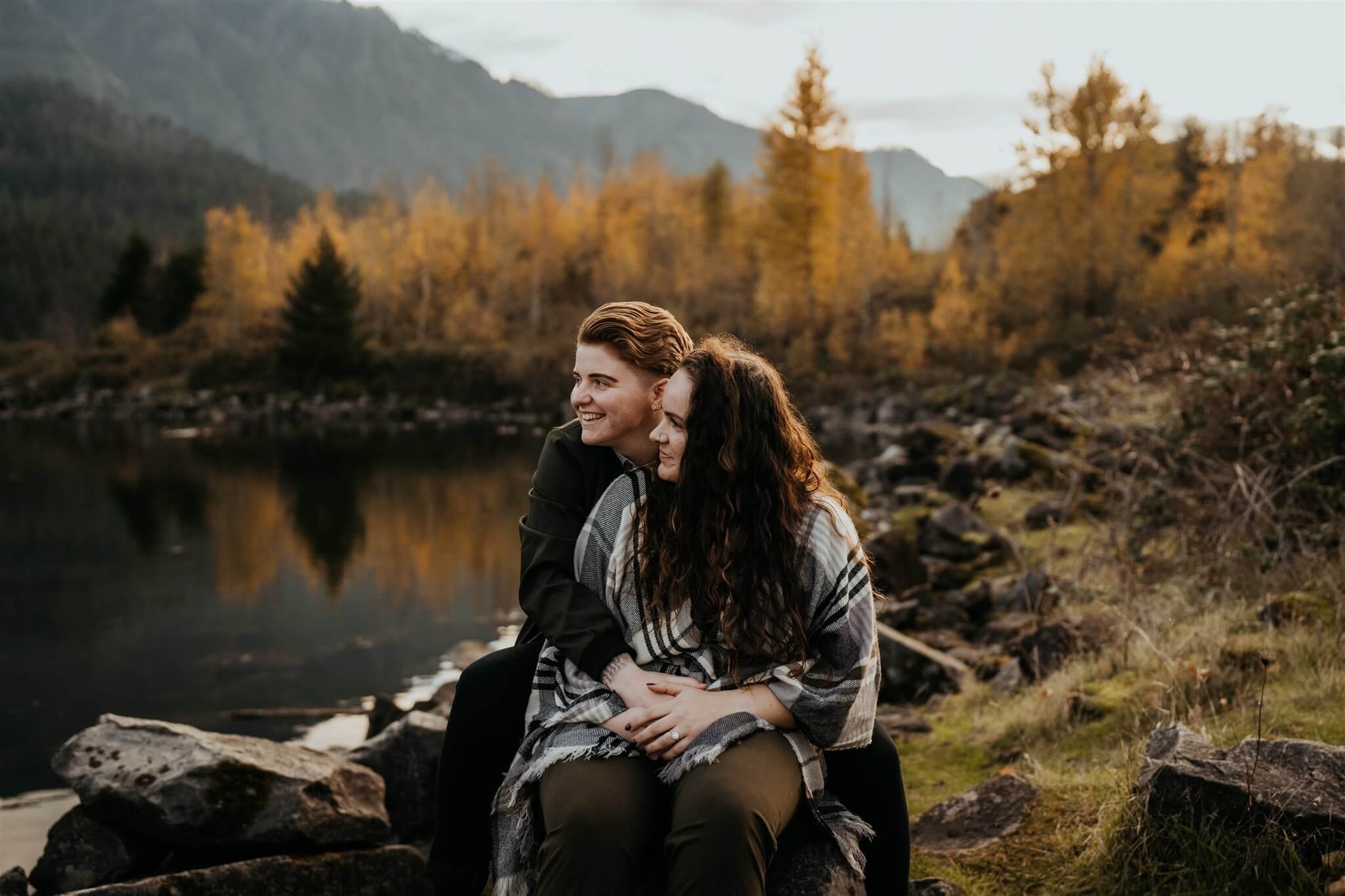 Couple portraits by the lake during Portland engagement photos