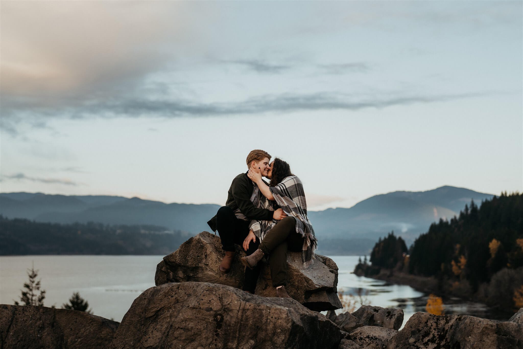 Couple portrait photos by the lake during Portland engagement photos