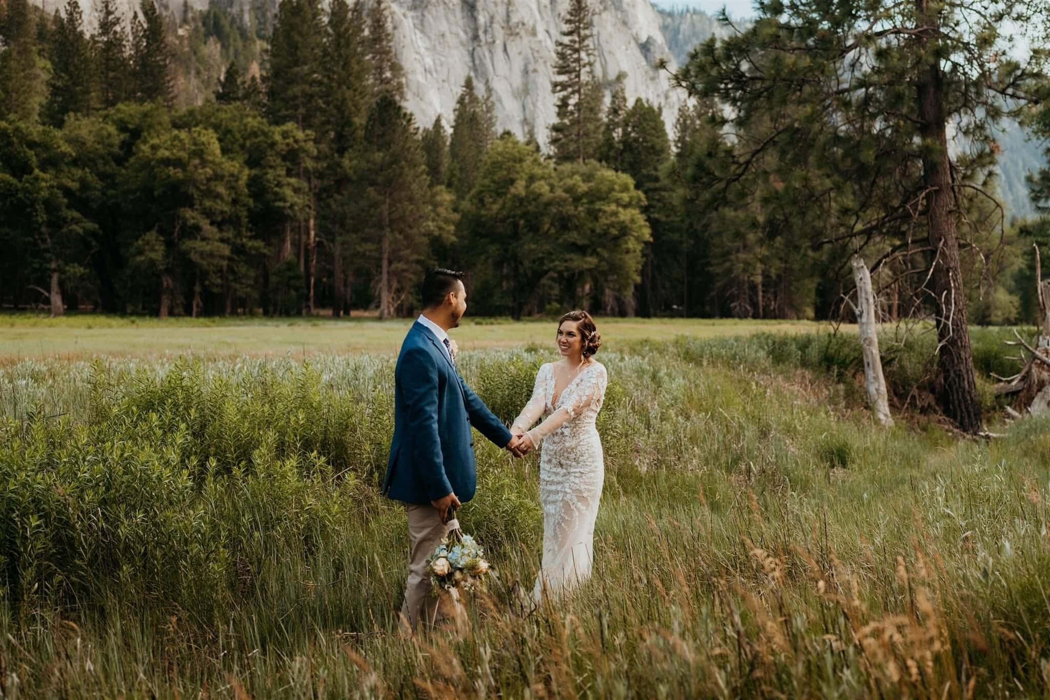 Bride and groom couple portraits after eloping in Yosemite